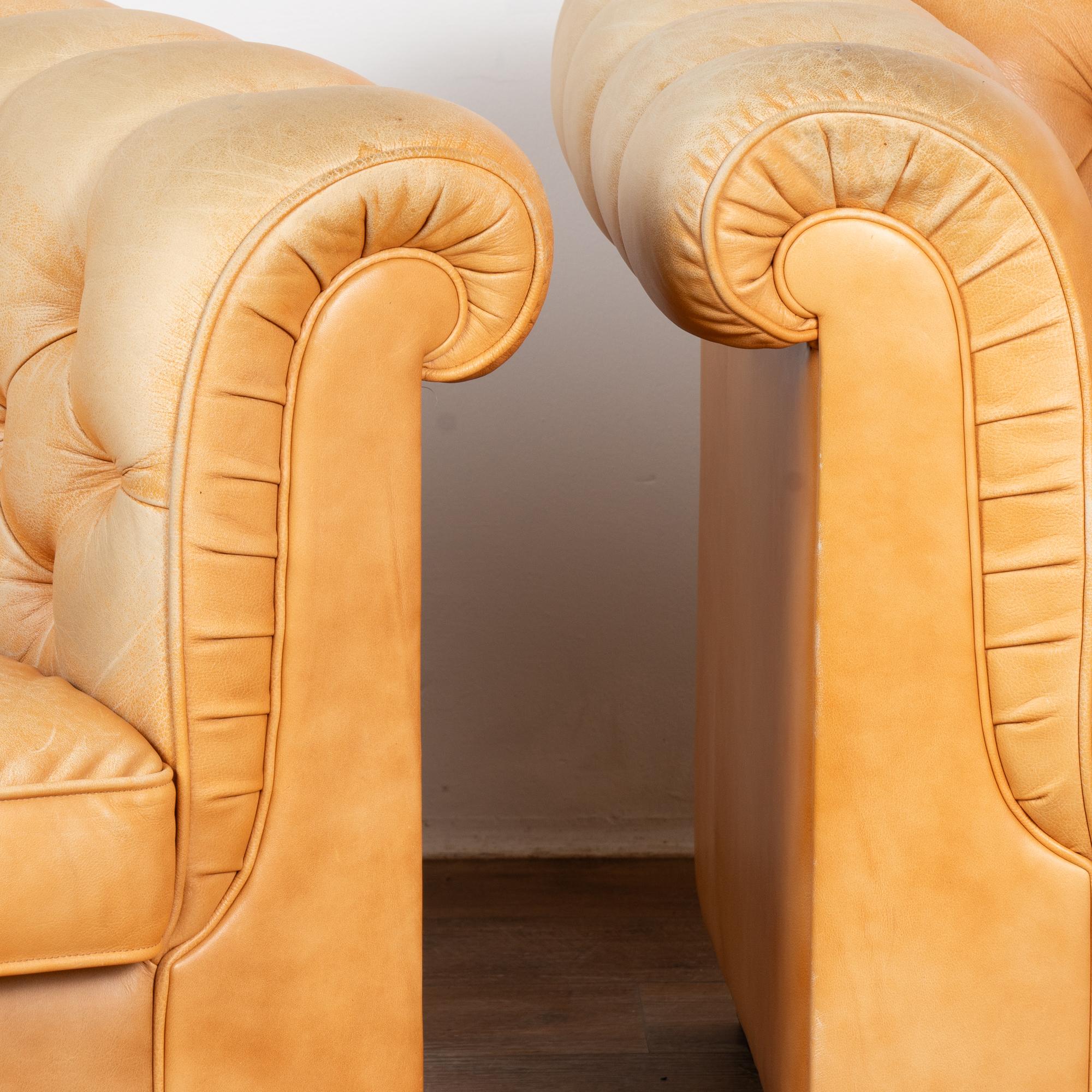 Pair, Vintage Camel Leather Chesterfield Club Armchairs, Denmark circa 1980 For Sale 5