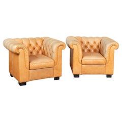 Paar, Kamelleder Chesterfield Clubsessel, Dänemark um 1980