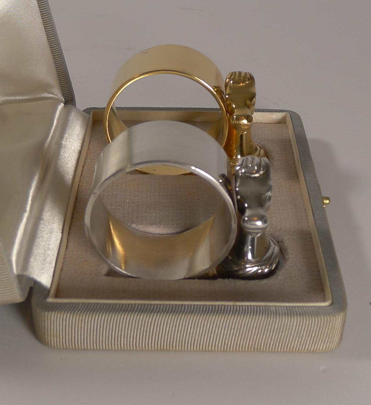 Mid-Century Modern Pair of Vintage Cased Horse Head Napkin Rings by Hermes, Paris