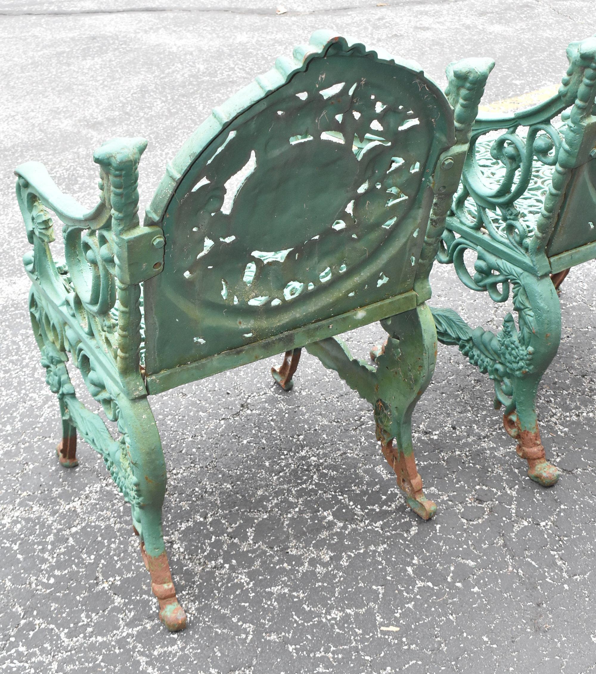 Victorian Pair Vintage Cast Iron Garden Chairs Floral Details, Cherubs & Goats 