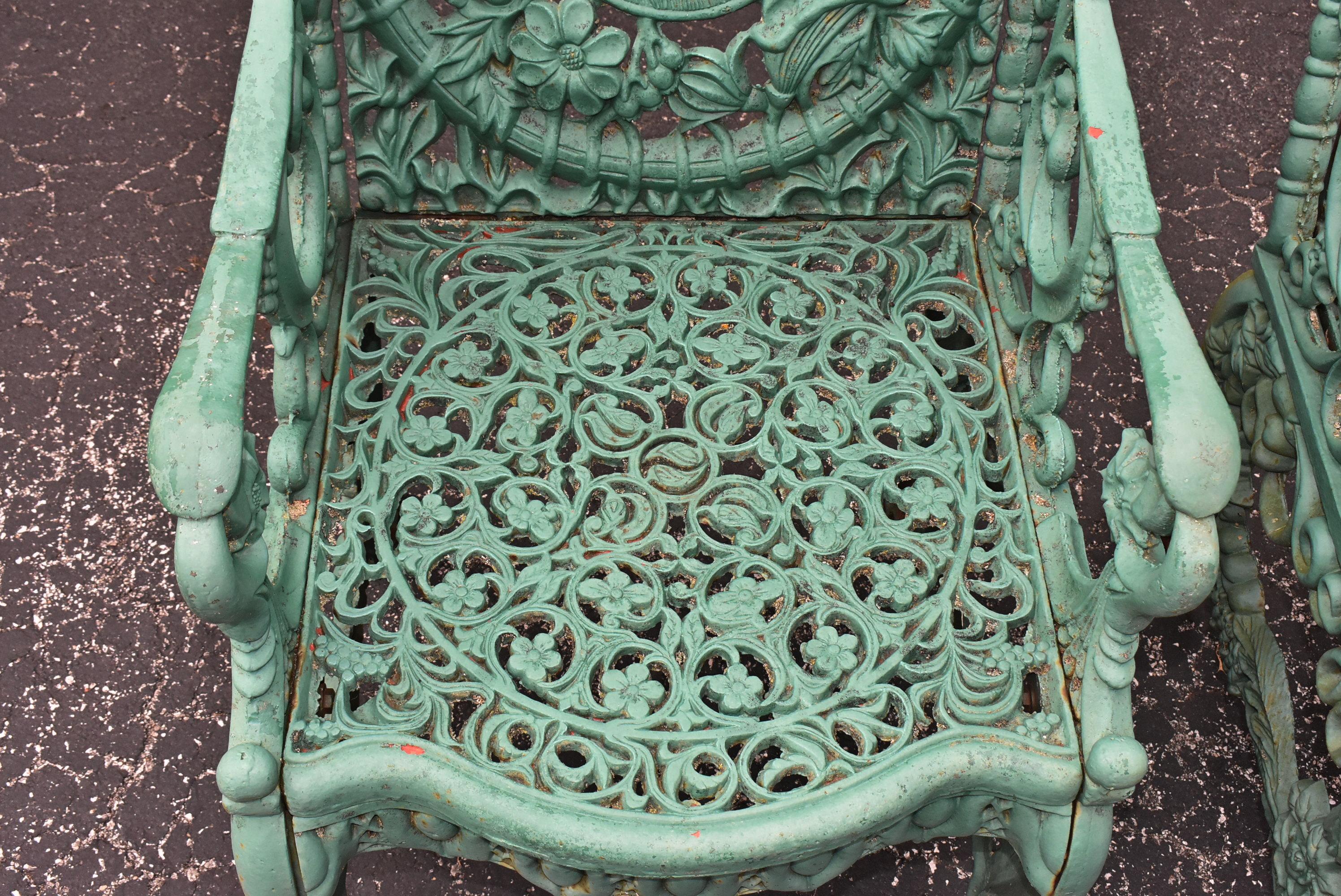 20th Century Pair Vintage Cast Iron Garden Chairs Floral Details, Cherubs & Goats 