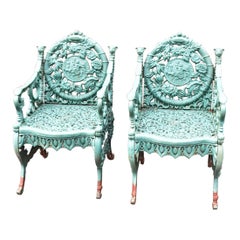 Pair Vintage Cast Iron Garden Chairs Floral Details, Cherubs & Goats "Autumn"