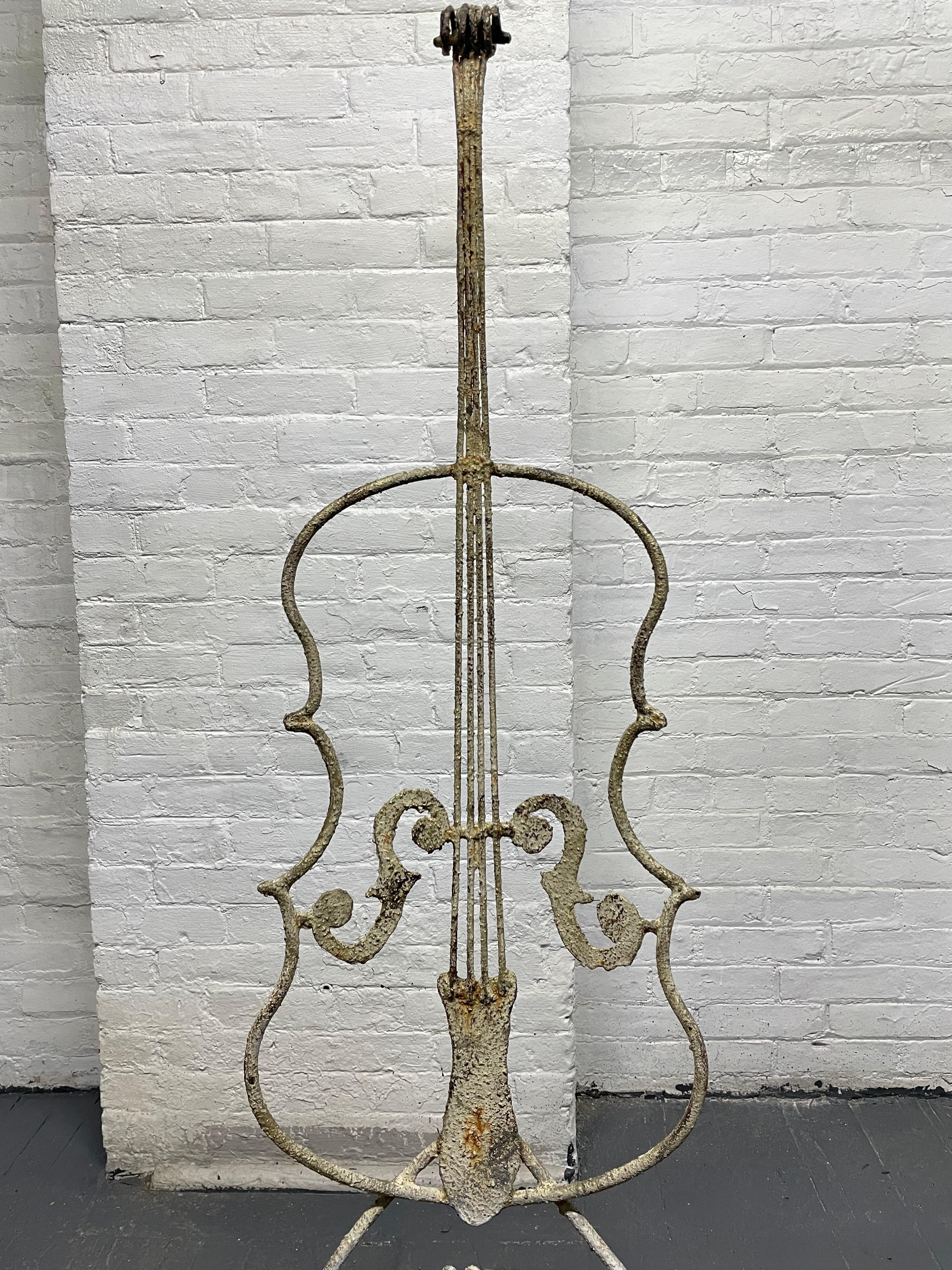 Wrought Iron Pair Vintage Cello Form Garden Chairs For Sale