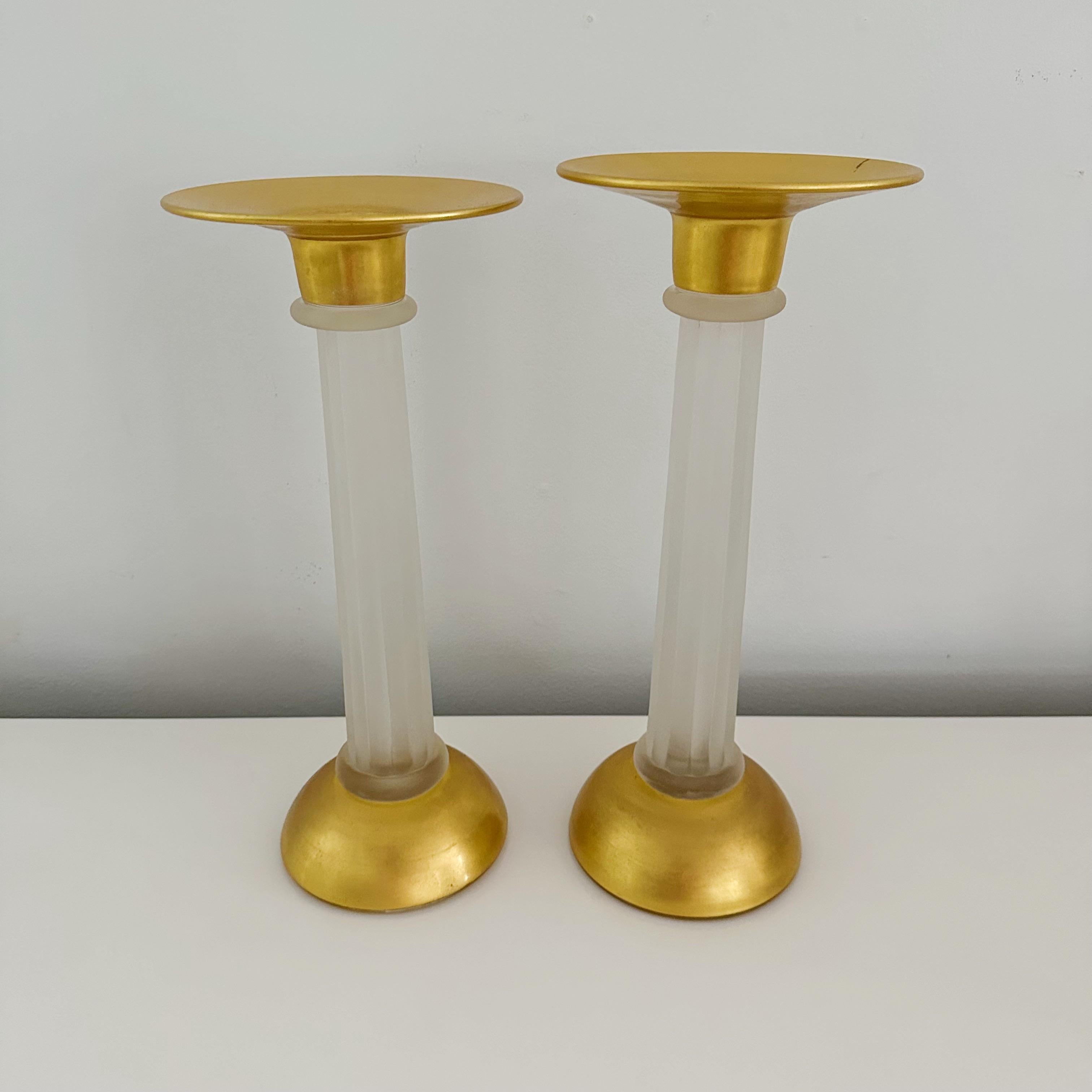 Hand-Crafted Pair Vintage Cenedese Murano Glass Gold Leaf Candle Holders