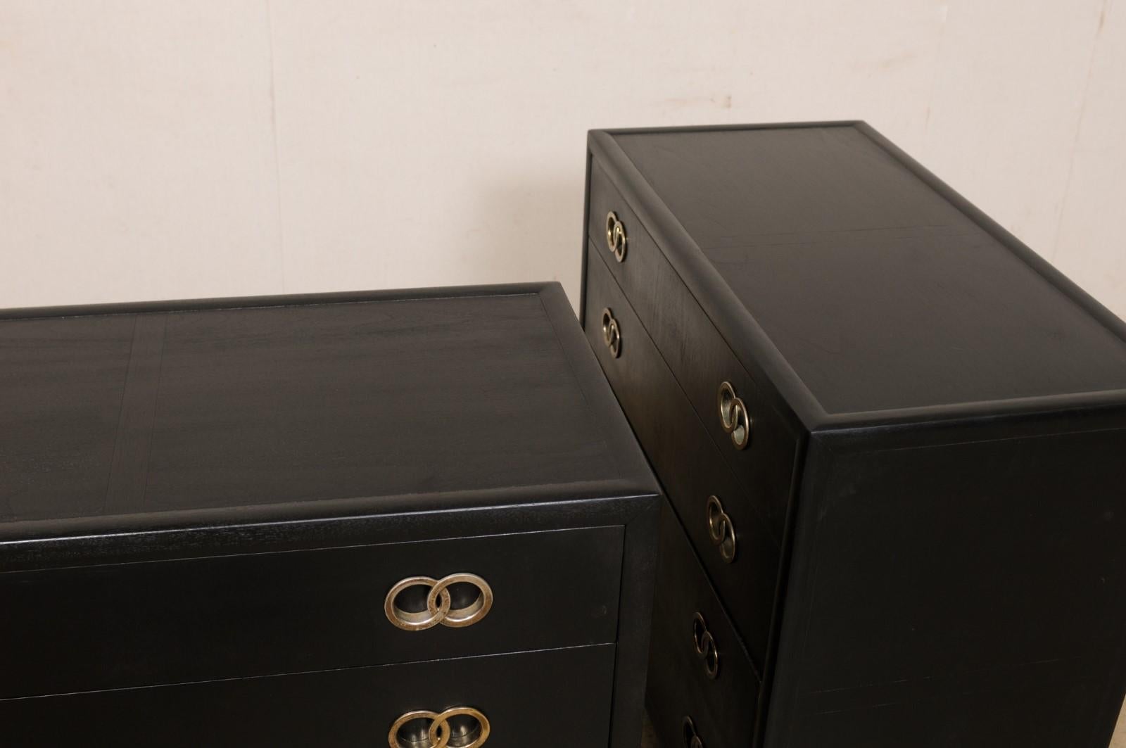 Pair Vintage Chest of Drawers in Black with Silver Hardware, Clean Modern Design For Sale 5