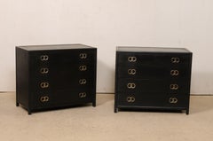 Pair Vintage Chest of Drawers in Black with Silver Hardware, Clean Modern Design