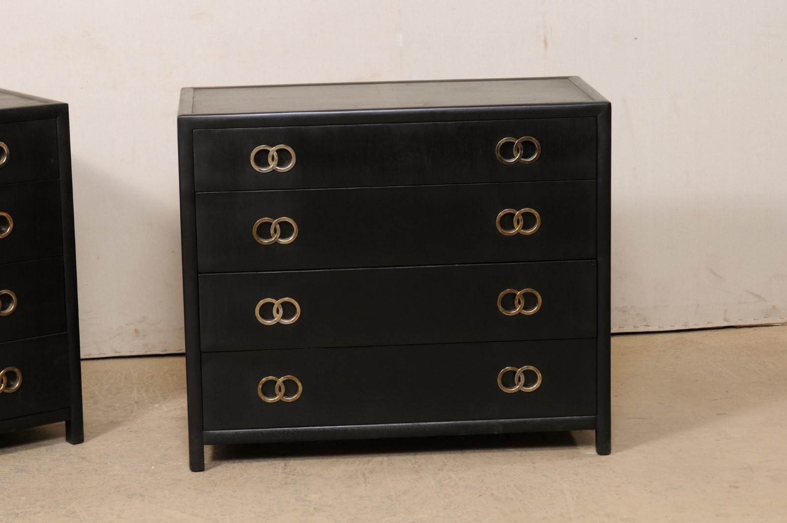 American Pair Vintage Chest of Drawers in Black with Silver Hardware, Clean Modern Design For Sale