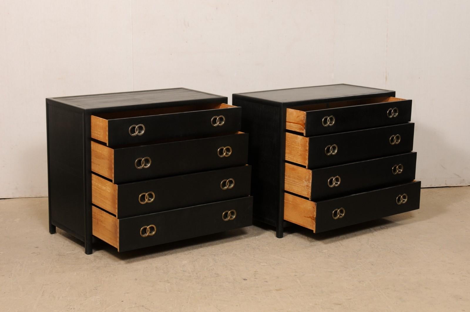 Pair Vintage Chest of Drawers in Black with Silver Hardware, Clean Modern Design In Good Condition For Sale In Atlanta, GA