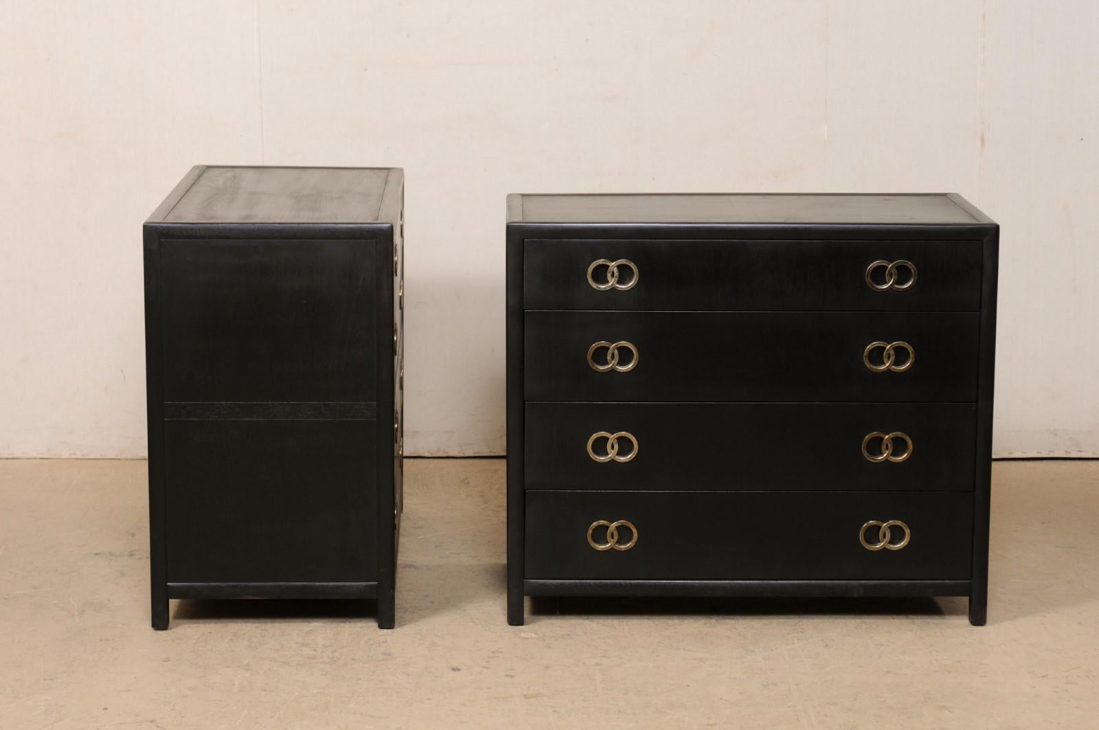 Pair Vintage Chest of Drawers in Black with Silver Hardware, Clean Modern Design For Sale 1