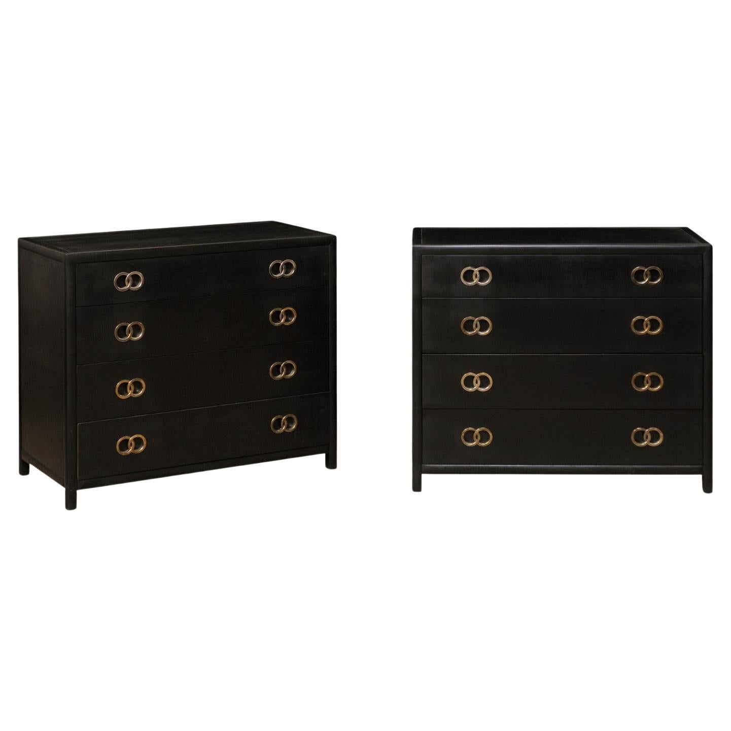 Pair Vintage Chest of Drawers in Black with Silver Hardware, Clean Modern Design For Sale