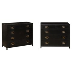 Pair Vintage Chest of Drawers in Black with Silver Hardware, Clean Modern Design