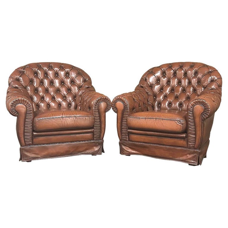 Pair Vintage Chesterfield Leather Lounge Chairs, Club Chairs For Sale