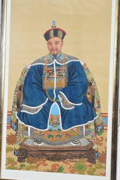 Pair Vintage Chinese Ancestral Painted on Silk Framed Portraits
