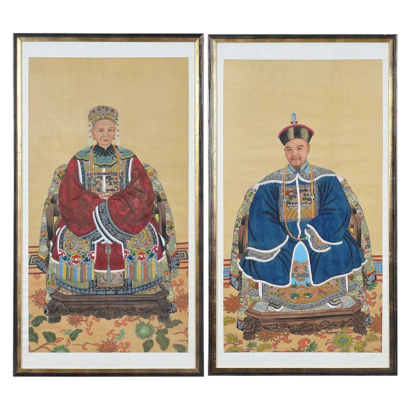 Pair Vintage Chinese Ancestral Painted on Silk Framed Portraits