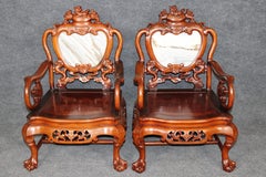 Pair Vintage Chinese Carved Mahogany and Marble Back Arm Chairs