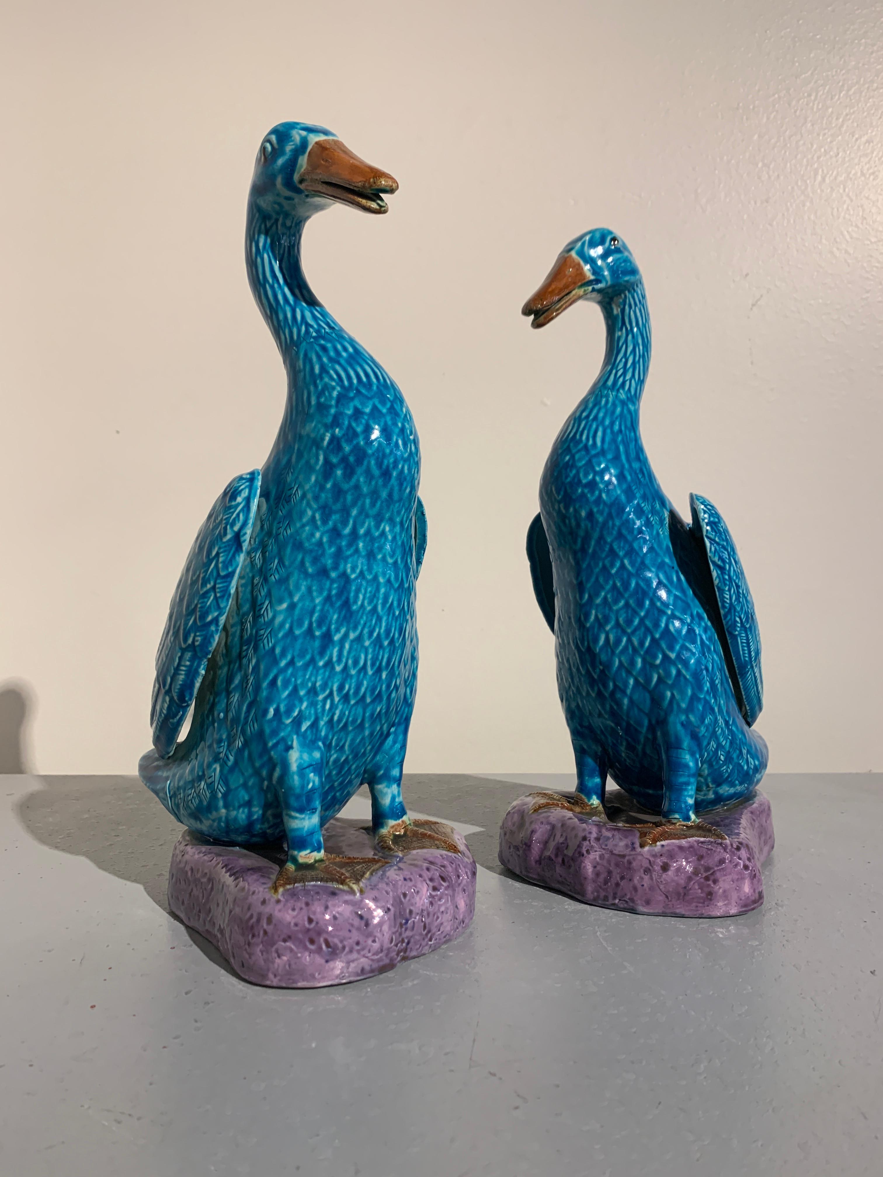 Pair of Vintage Chinese Export Turquoise Glazed Ducks, 1970s In Good Condition In Austin, TX