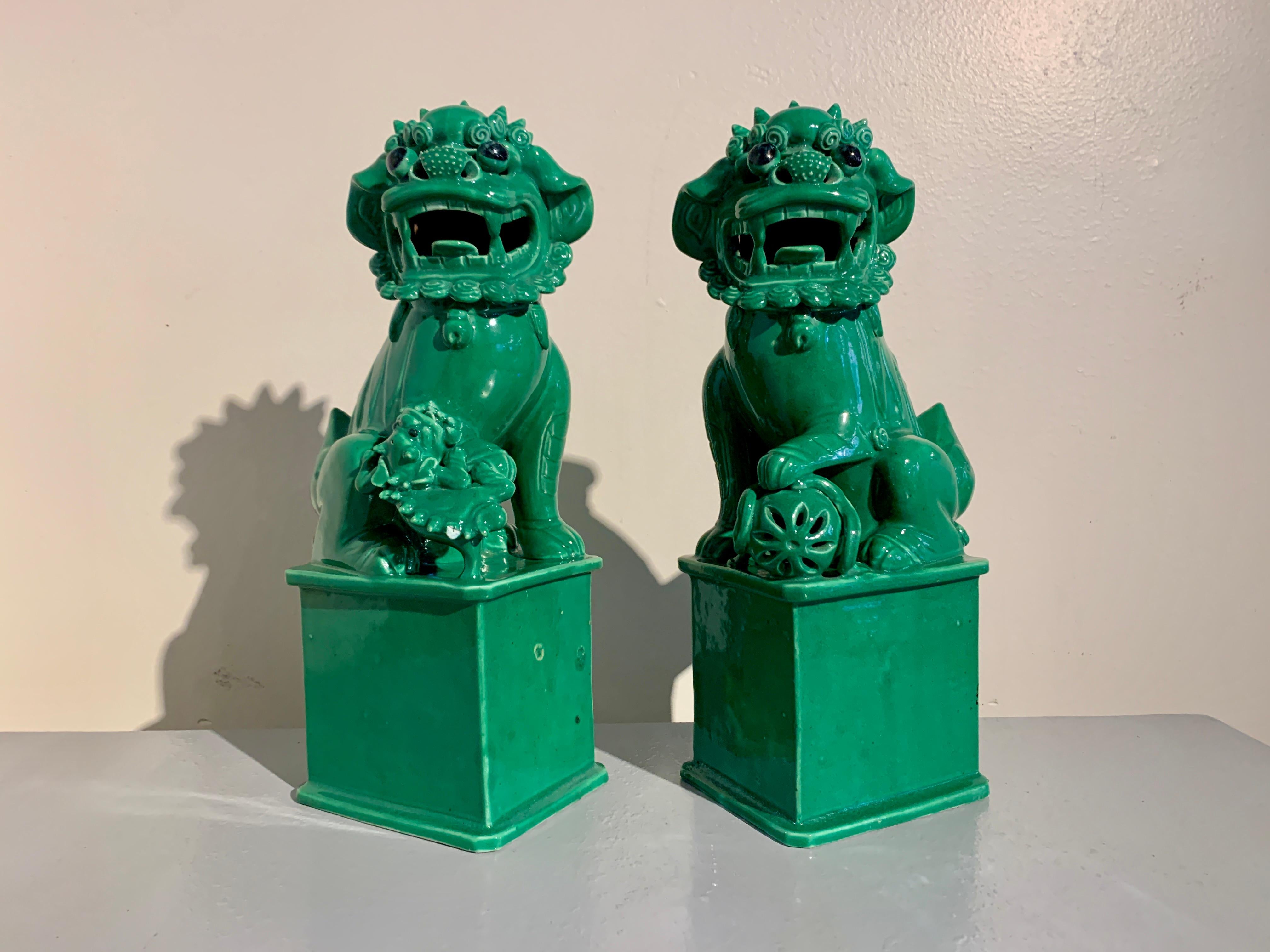 Qing Pair Vintage Chinese Green Glazed Porcelain Foo Dogs, circa 1970's, China