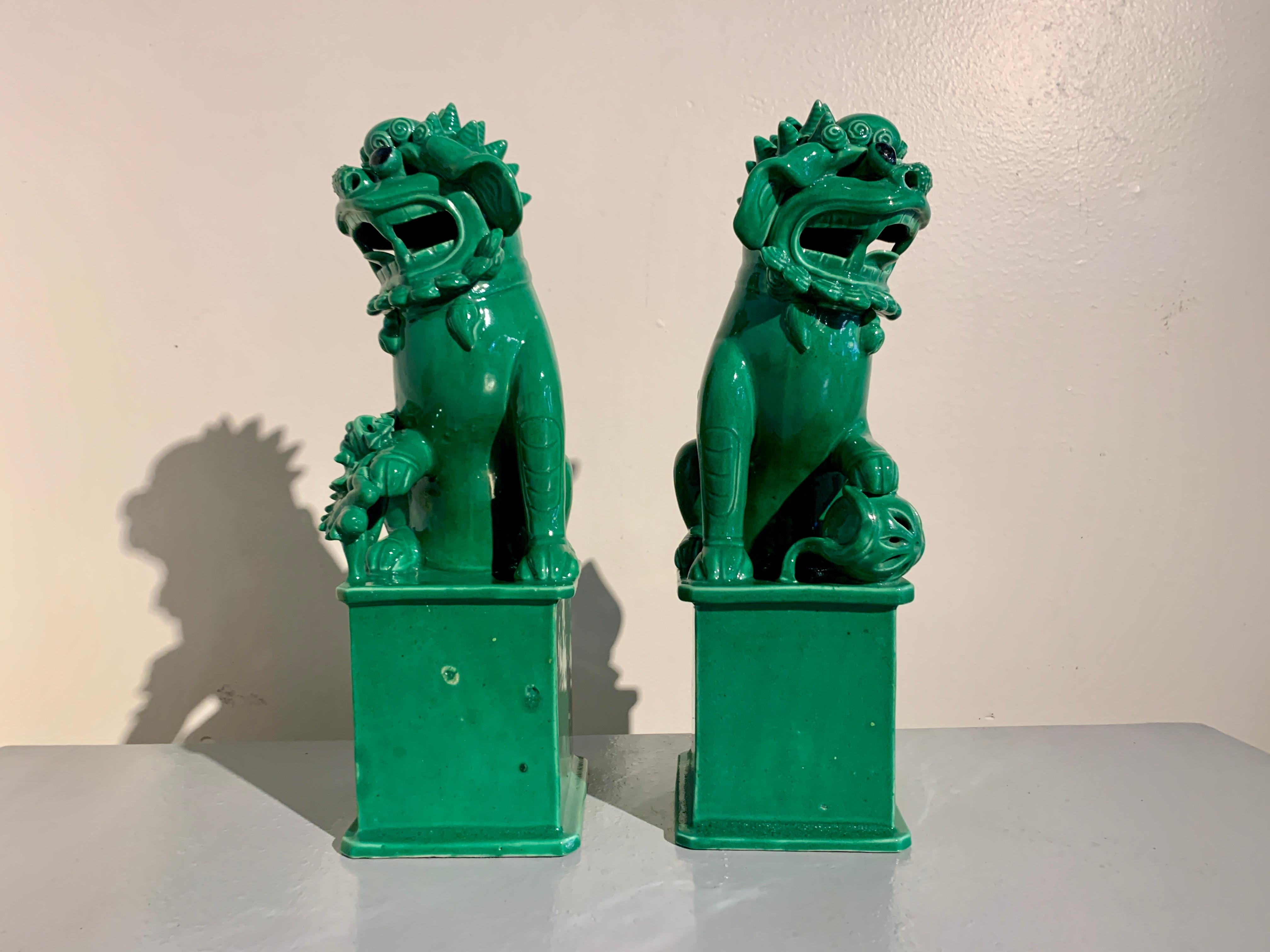 Pair Vintage Chinese Green Glazed Porcelain Foo Dogs, circa 1970's, China In Good Condition In Austin, TX