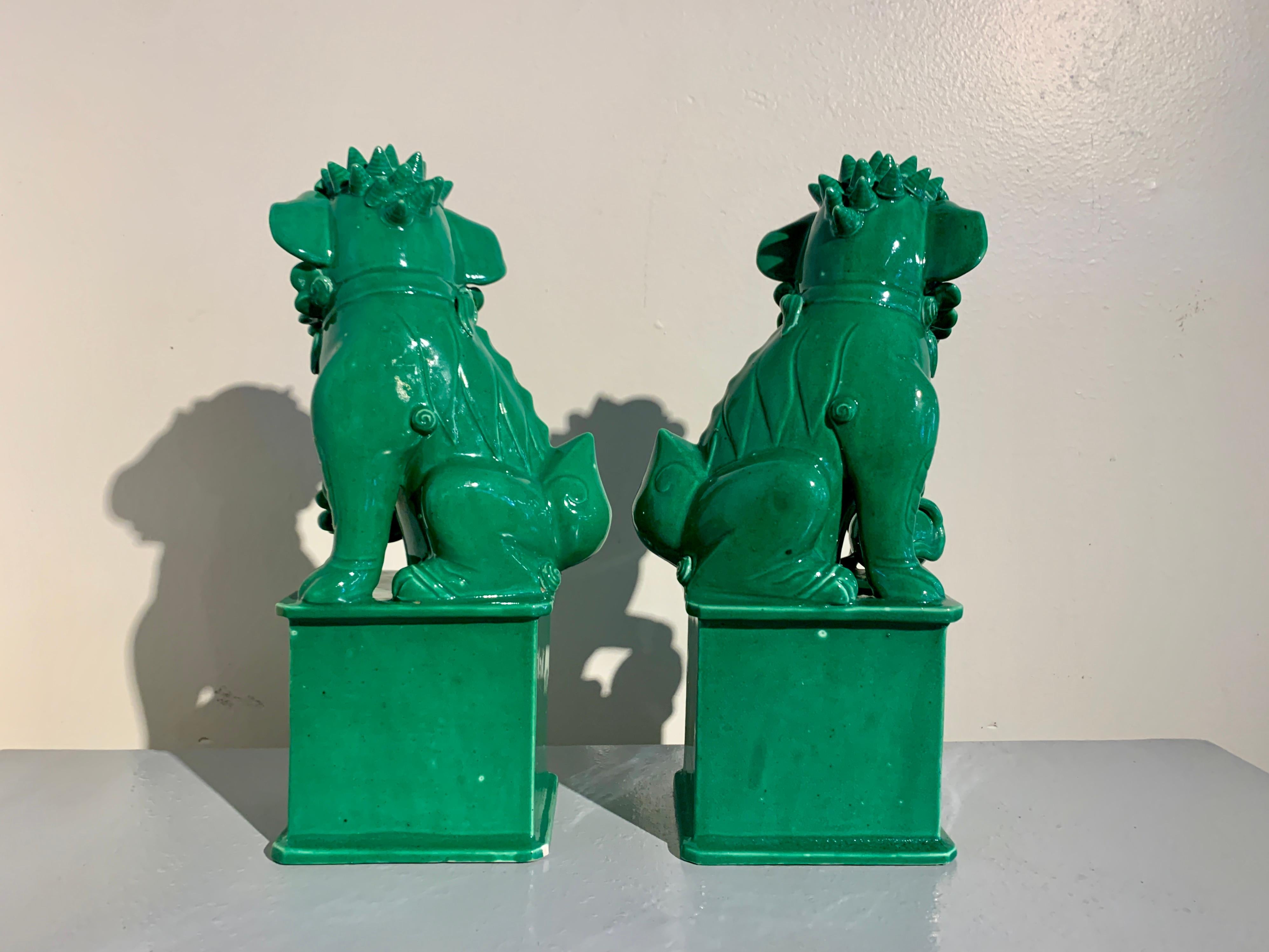 Late 20th Century Pair Vintage Chinese Green Glazed Porcelain Foo Dogs, circa 1970's, China