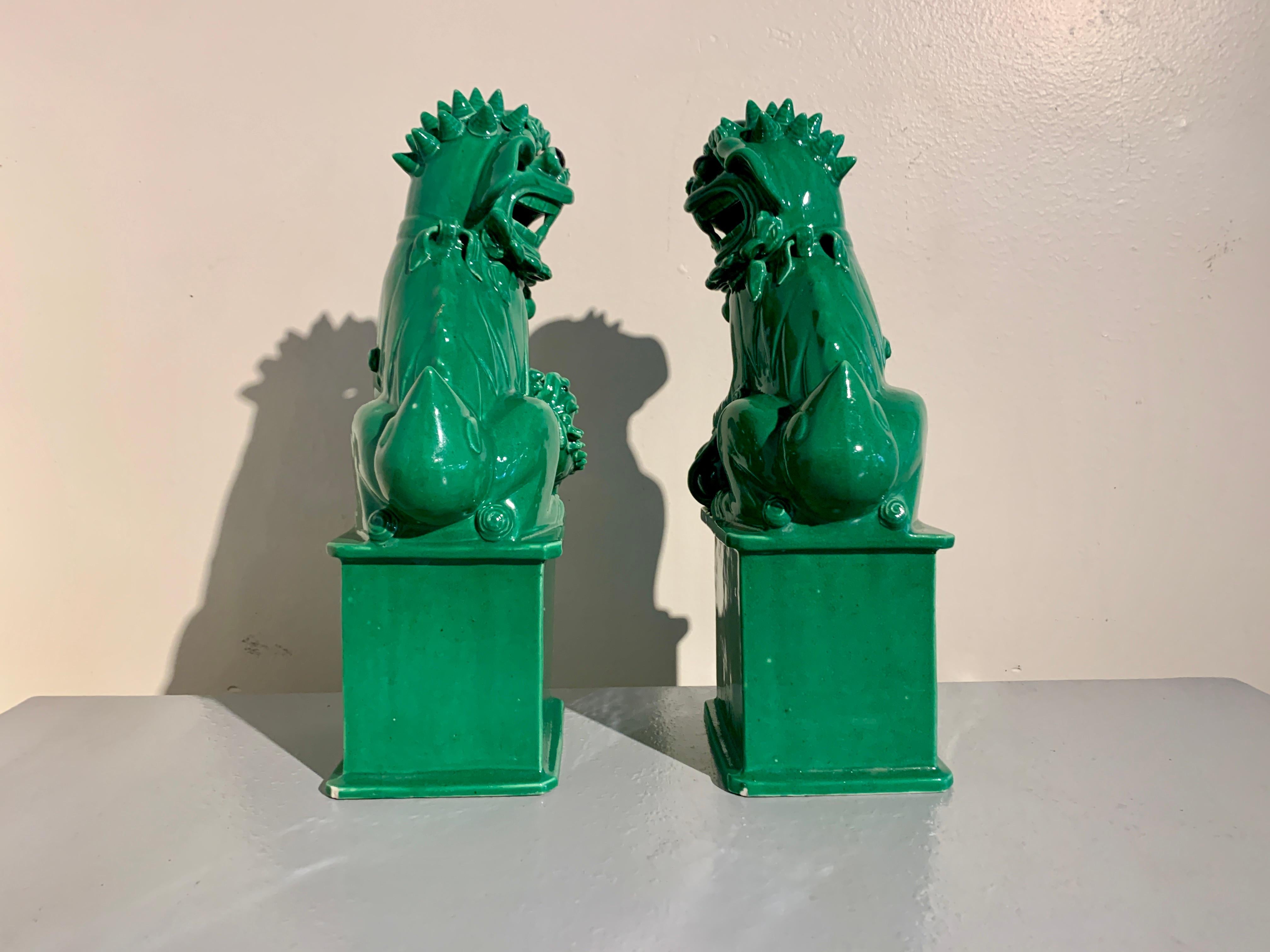 Pair Vintage Chinese Green Glazed Porcelain Foo Dogs, circa 1970's, China 1