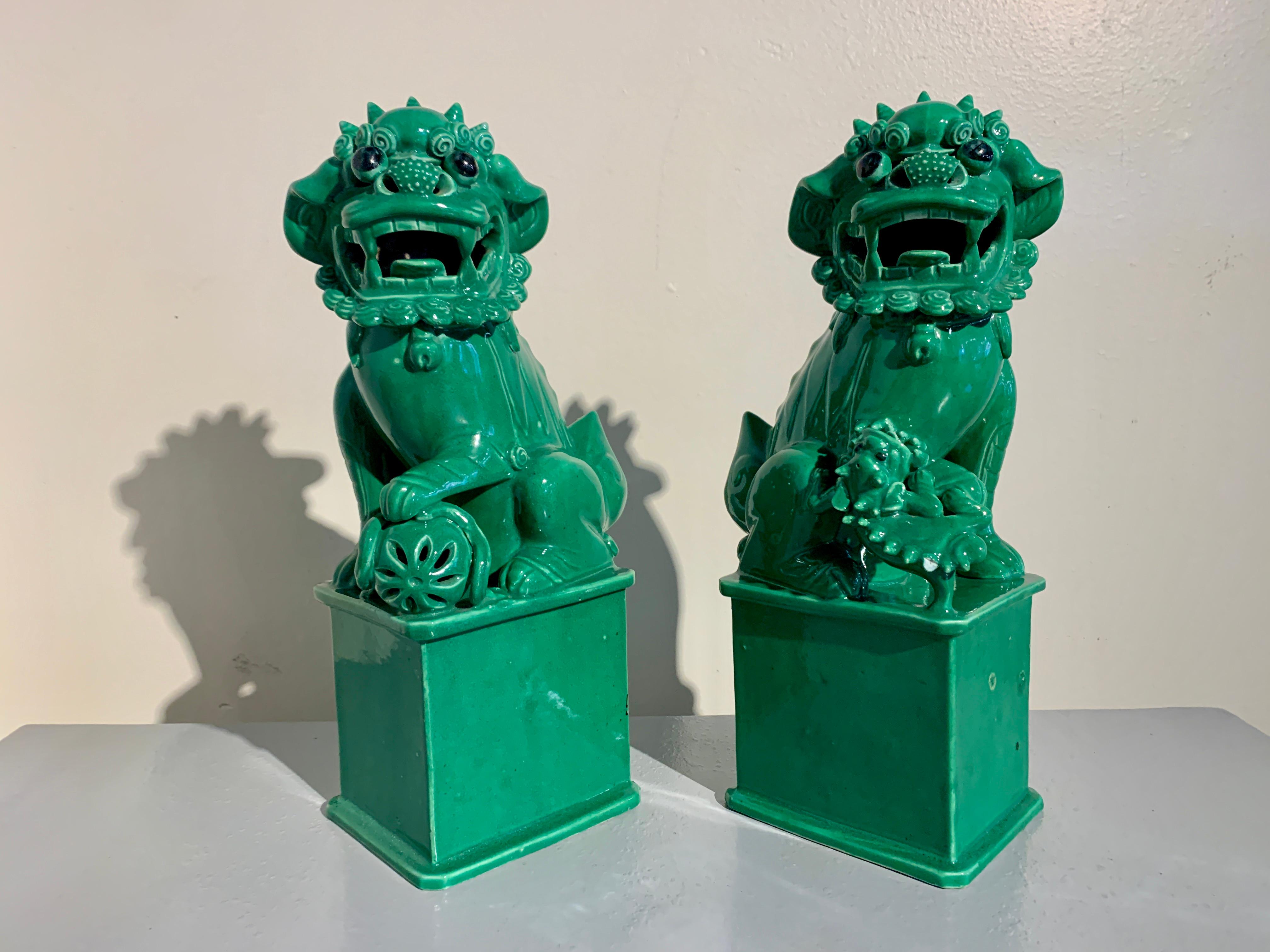 Pair Vintage Chinese Green Glazed Porcelain Foo Dogs, circa 1970's, China 2