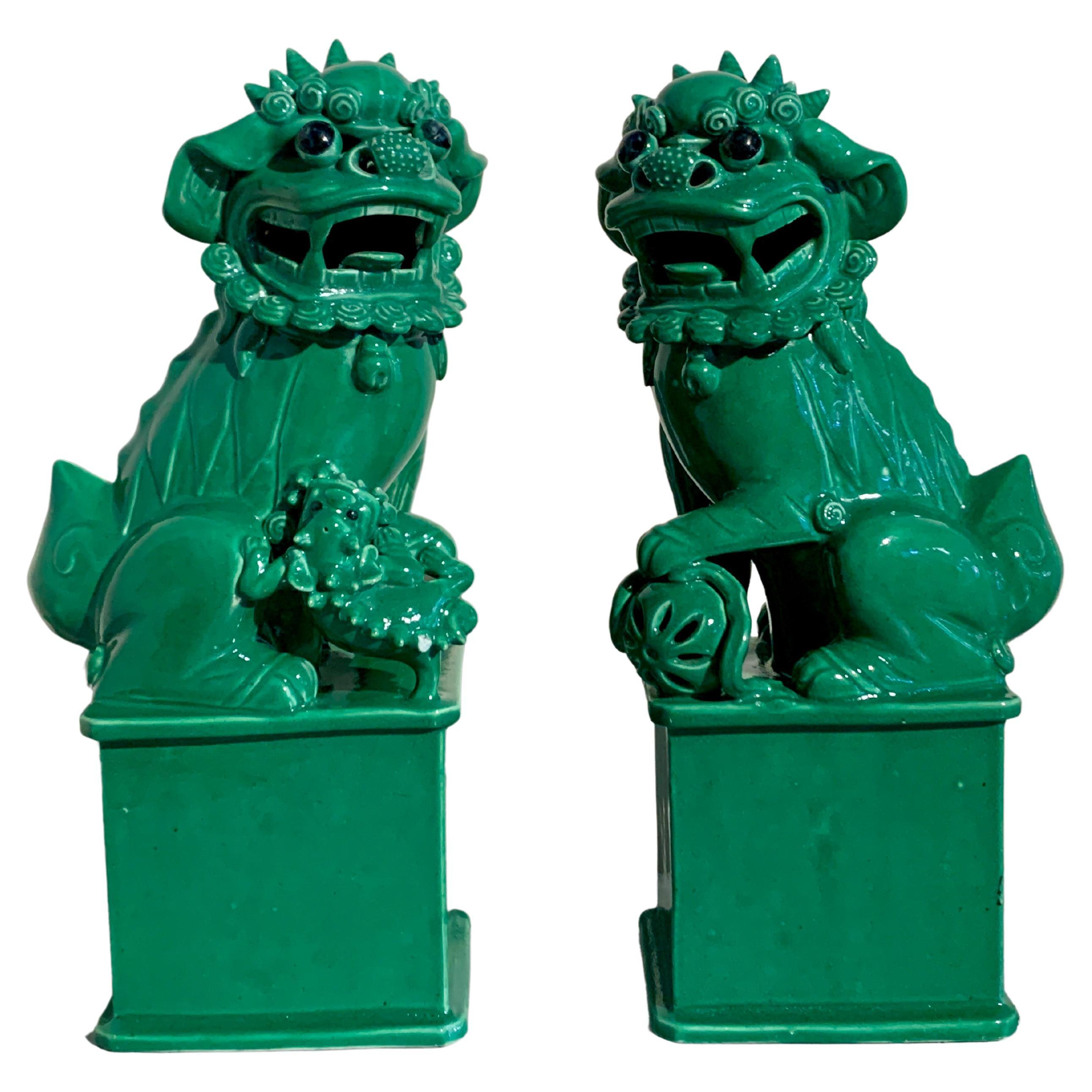 Pair Vintage Chinese Green Glazed Porcelain Foo Dogs, circa 1970's, China