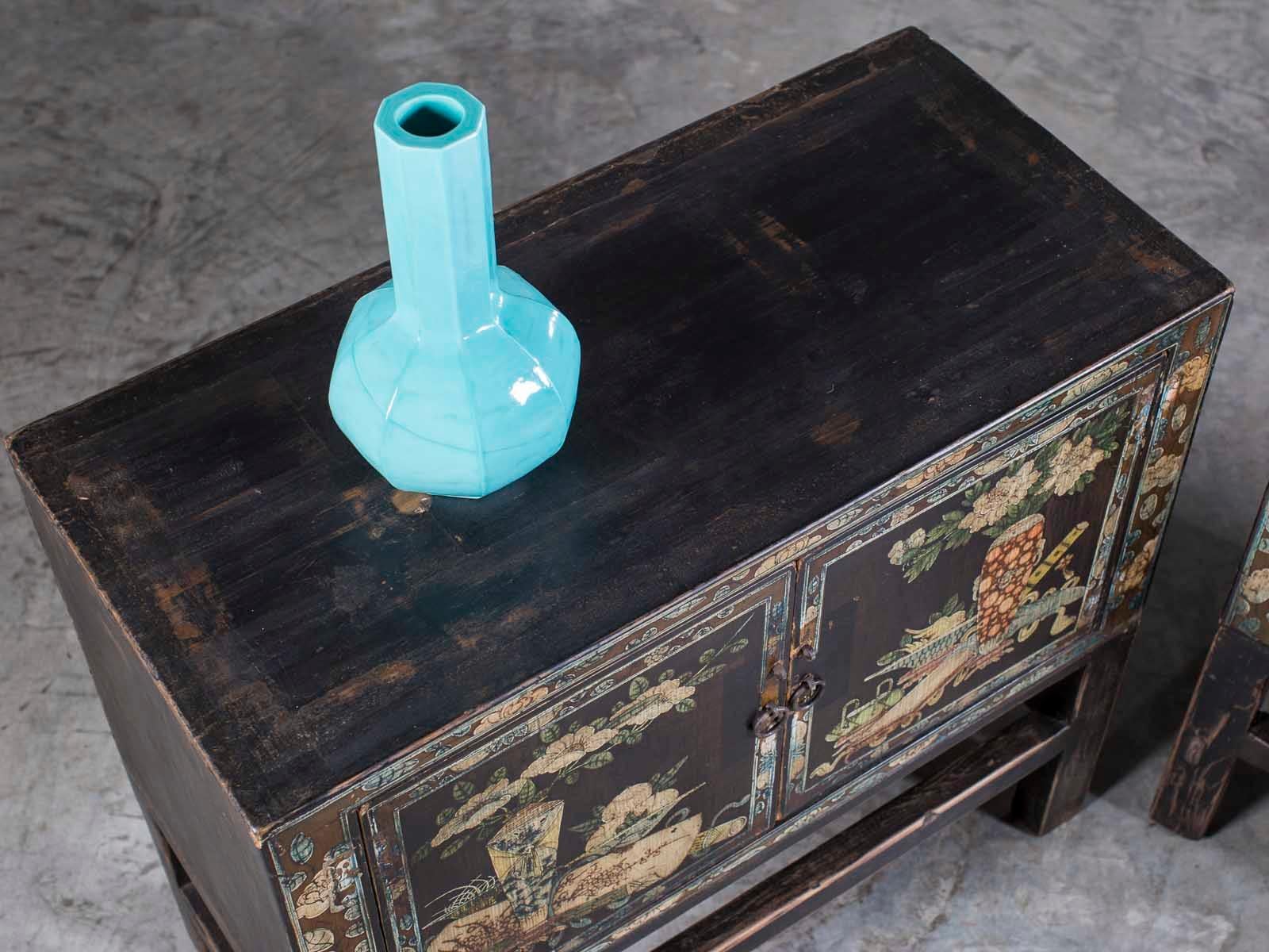 Pair Vintage Chinese Painted Cabinets on Stands circa 1940 4