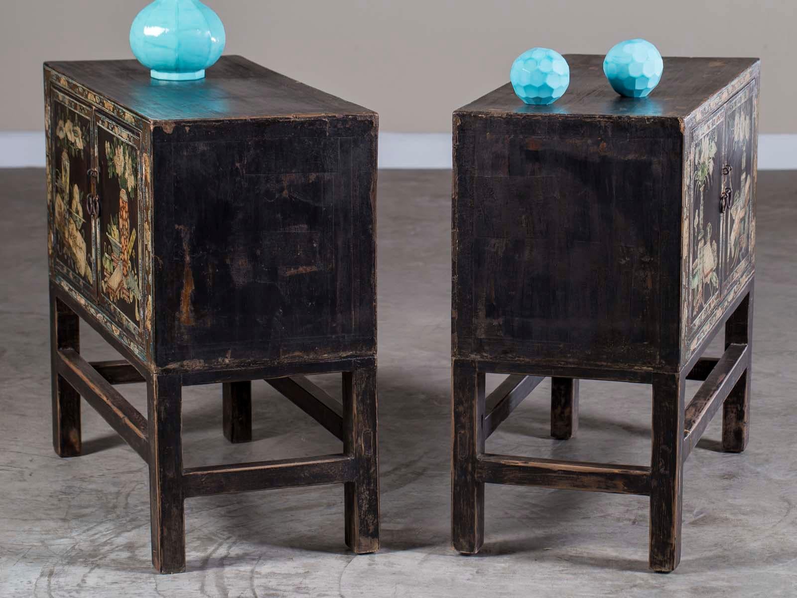 Pair Vintage Chinese Painted Cabinets on Stands circa 1940 7