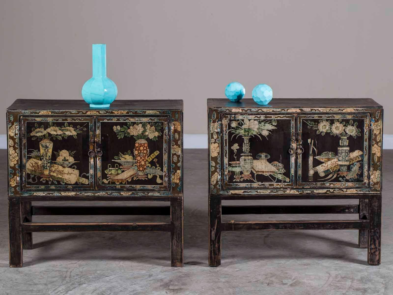 Pair Vintage Chinese Painted Cabinets on Stands circa 1940 8
