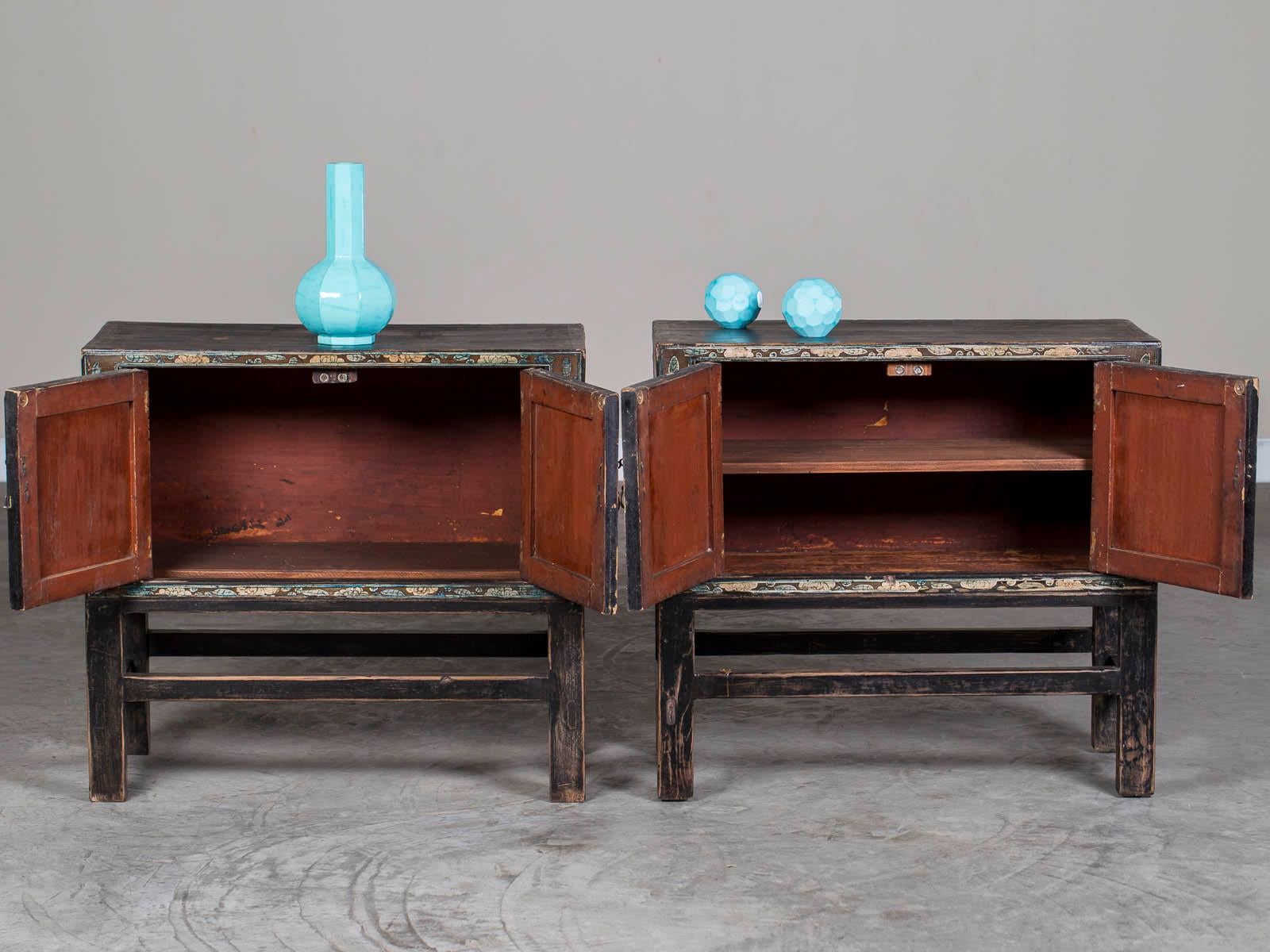 Pair Vintage Chinese Painted Cabinets on Stands circa 1940 9