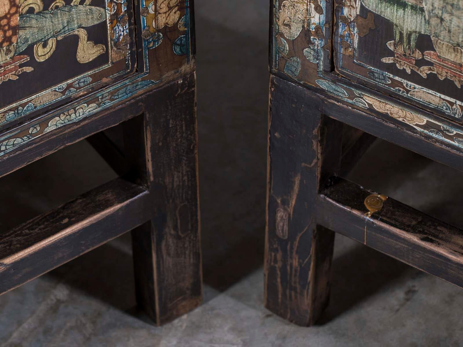 Mid-20th Century Pair Vintage Chinese Painted Cabinets on Stands circa 1940