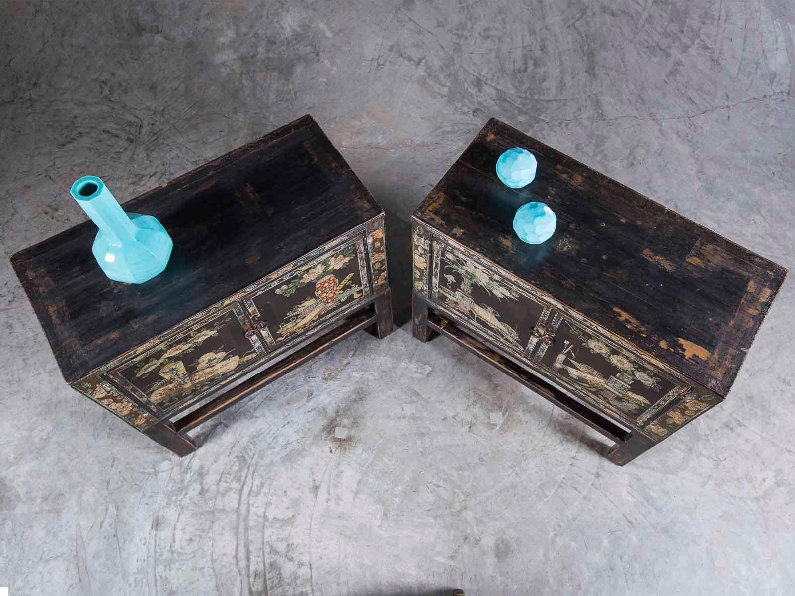 Pair Vintage Chinese Painted Cabinets on Stands circa 1940 2