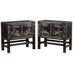 Pair Vintage Chinese Painted Cabinets on Stands circa 1940