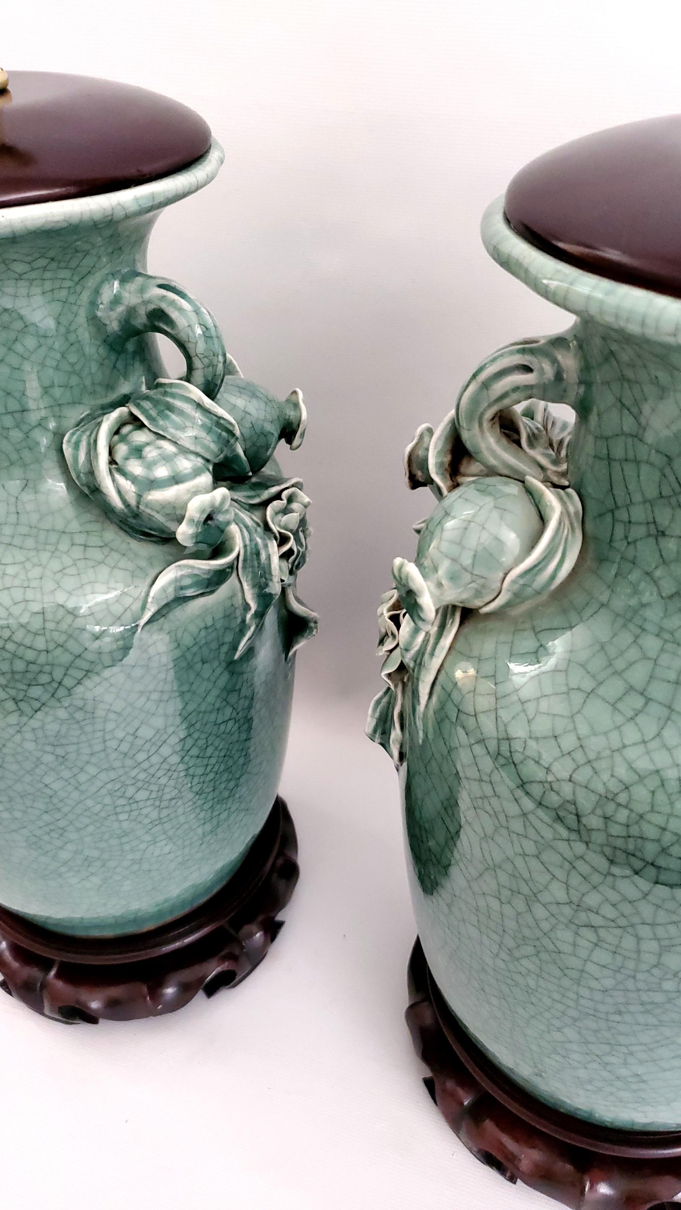 Pair Vintage Chinese Porcelain Green Crackled Table Lamps 3D Roses Pomegranates For Sale 3