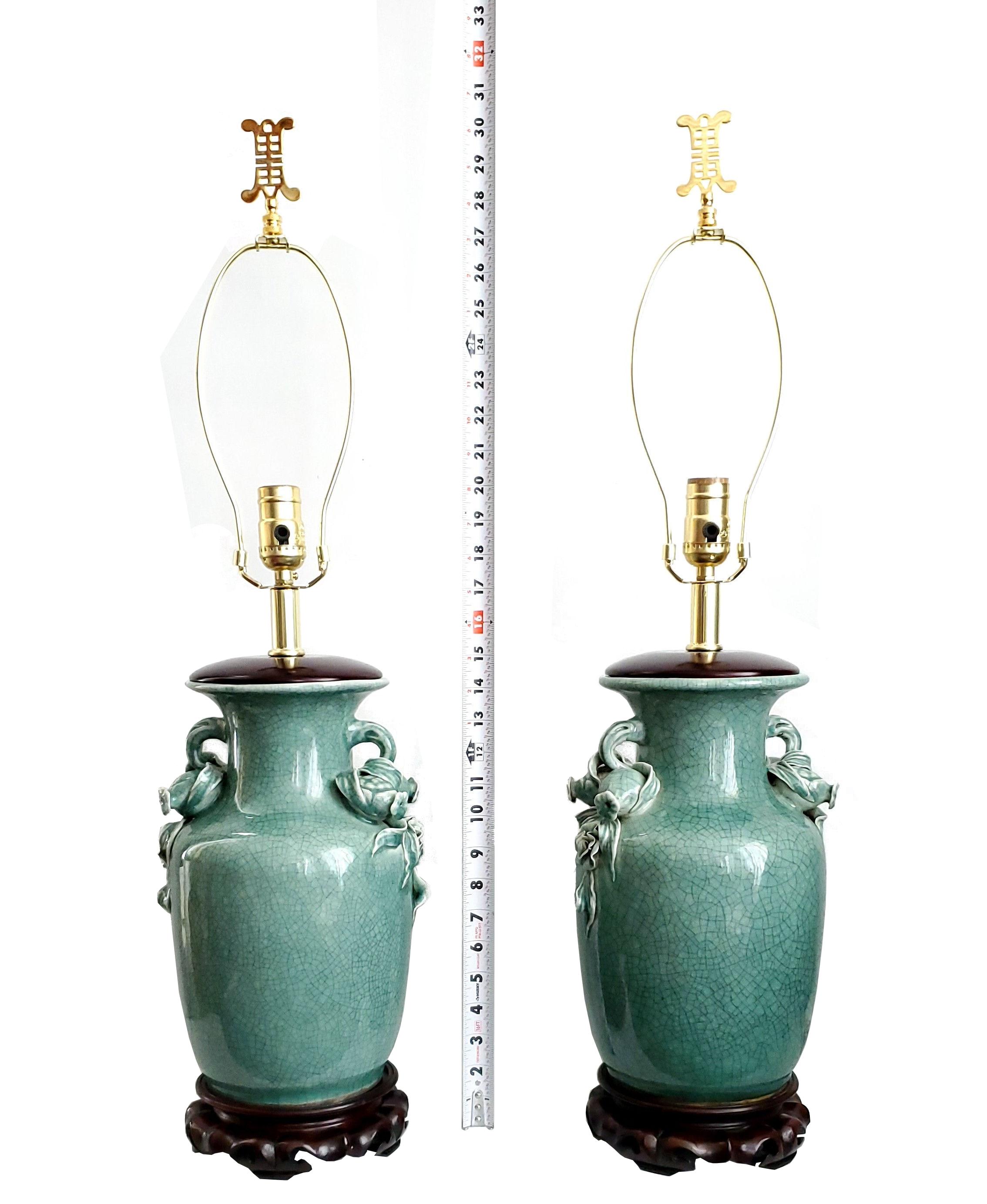 Chinoiserie Pair Vintage Chinese Porcelain Green Crackled Table Lamps 3D Roses Pomegranates For Sale