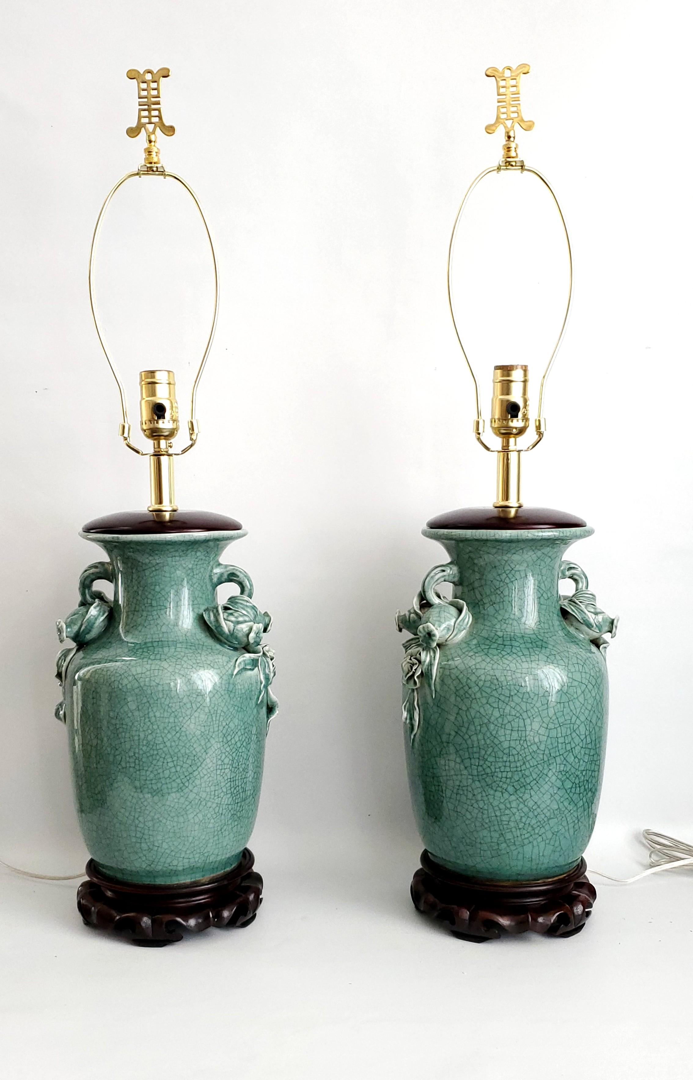 Glazed Pair Vintage Chinese Porcelain Green Crackled Table Lamps 3D Roses Pomegranates For Sale