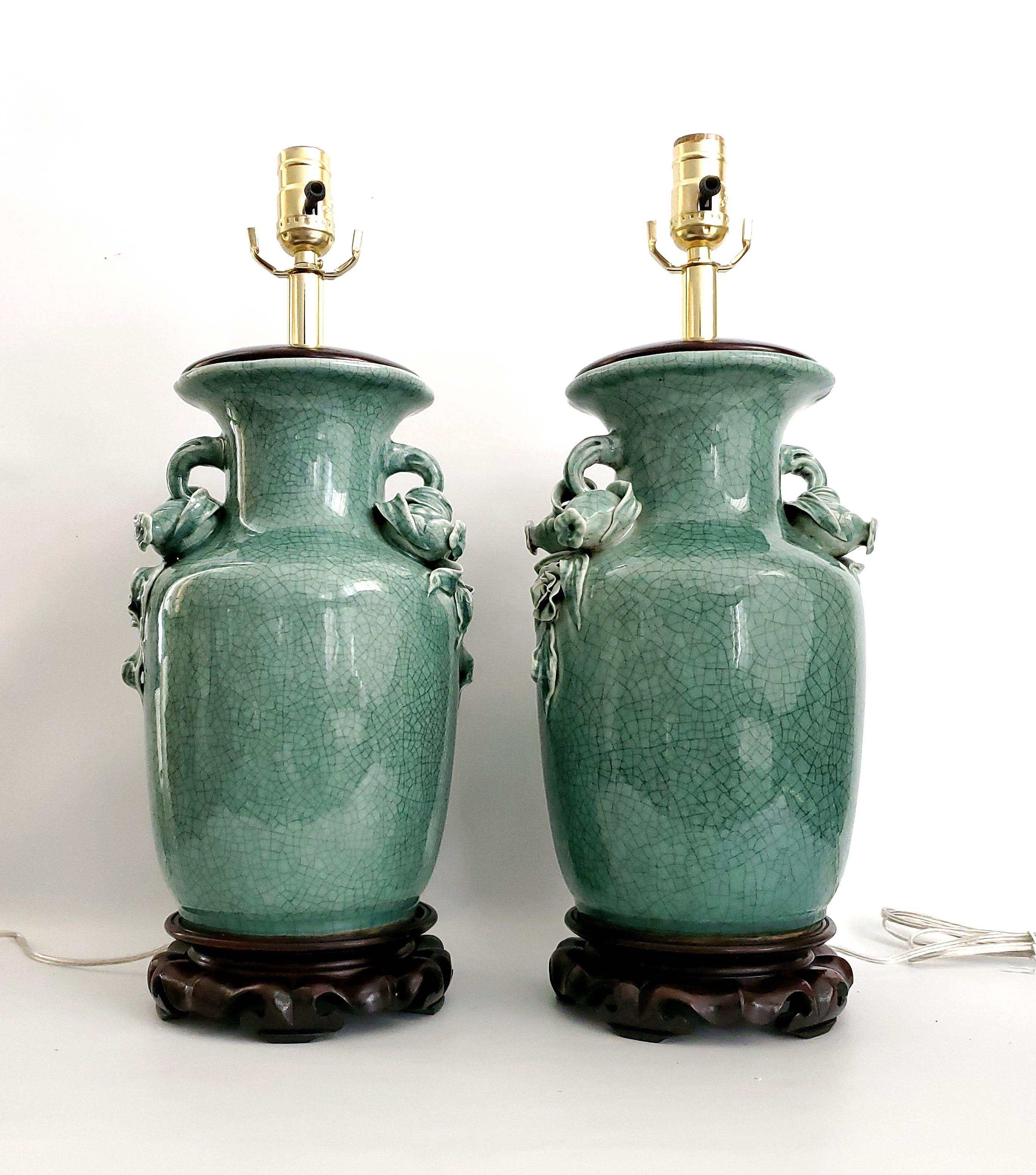 20th Century Pair Vintage Chinese Porcelain Green Crackled Table Lamps 3D Roses Pomegranates For Sale