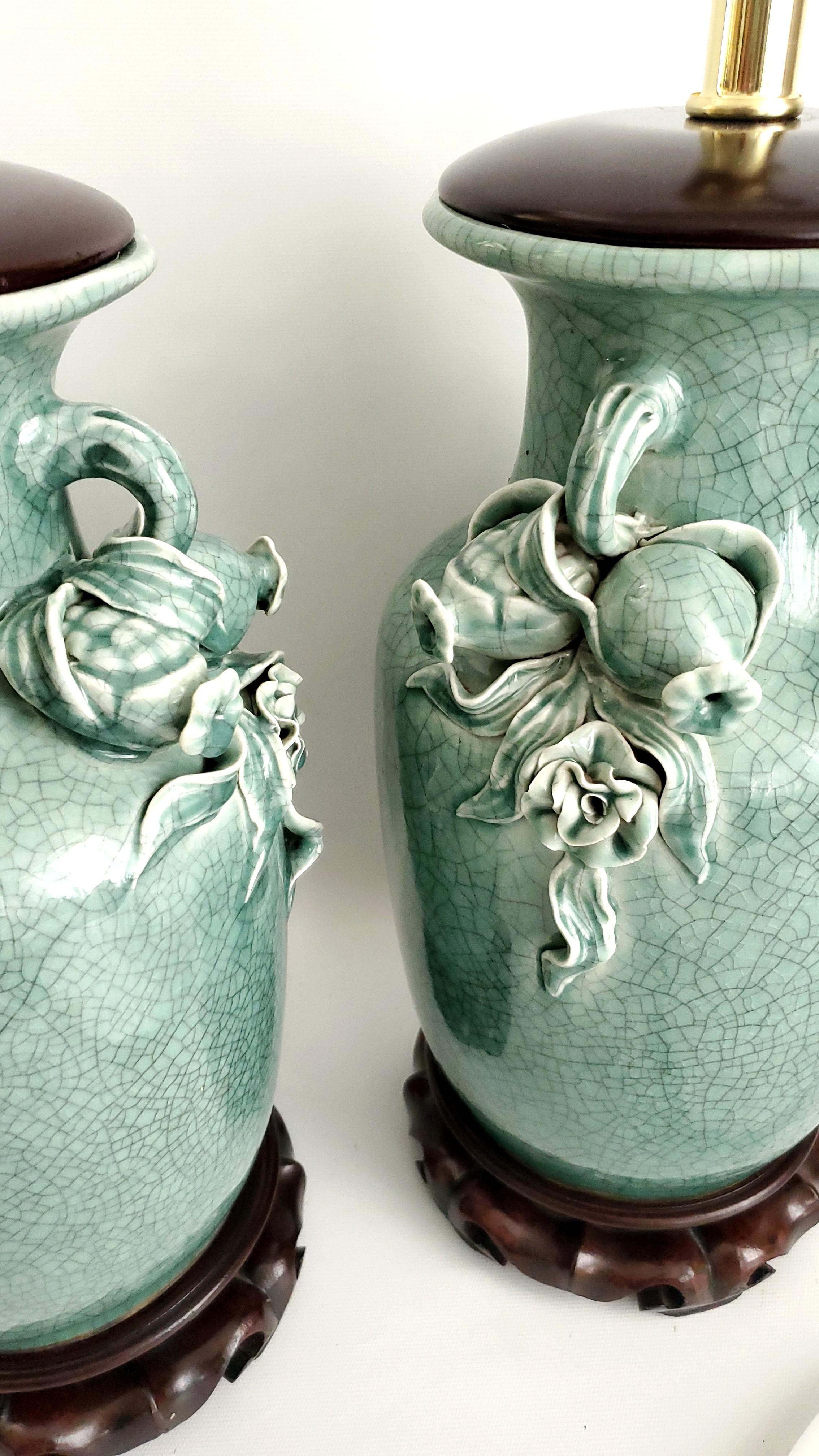 Pair Vintage Chinese Porcelain Green Crackled Table Lamps 3D Roses Pomegranates For Sale 1
