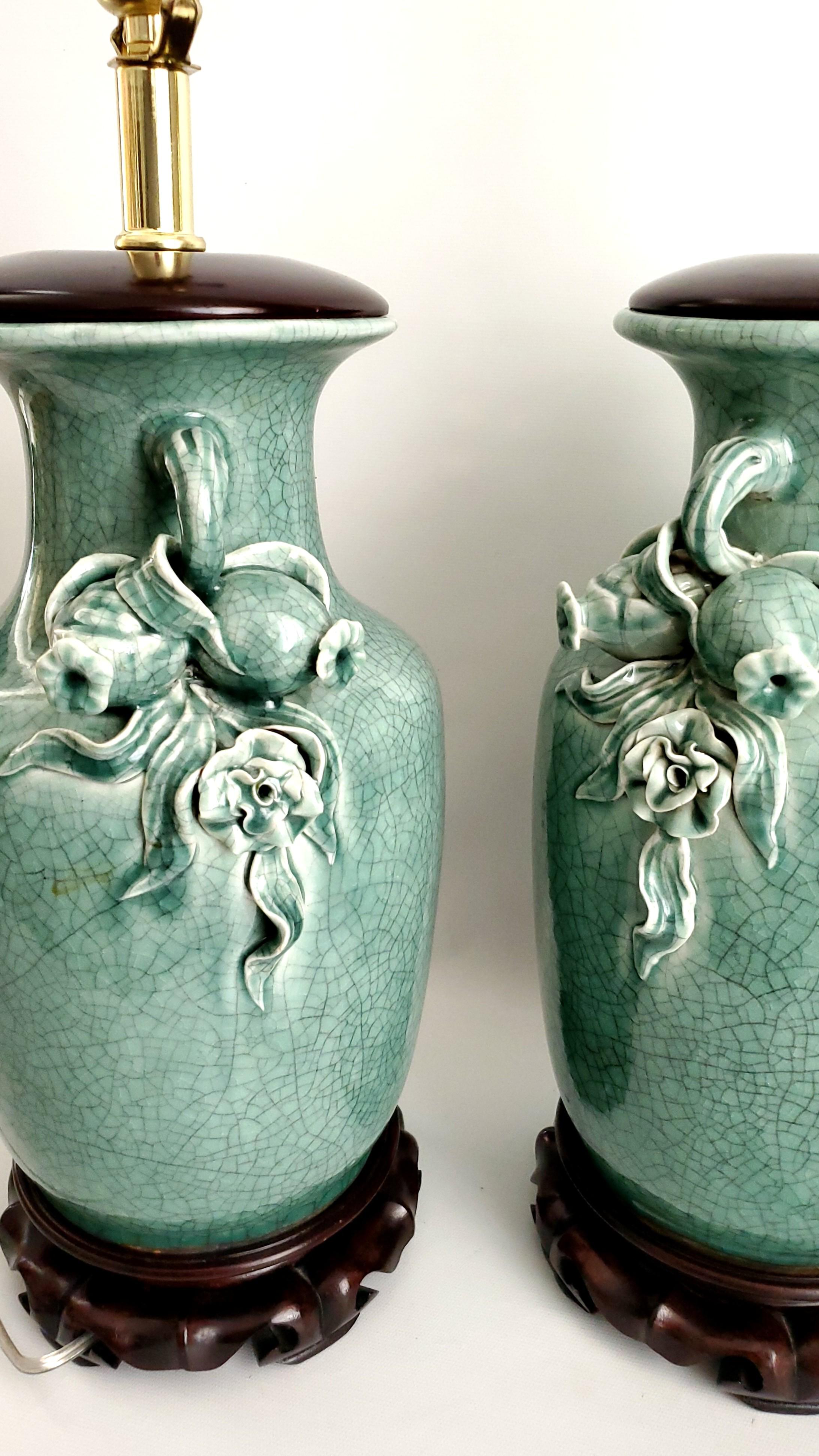 Pair Vintage Chinese Porcelain Green Crackled Table Lamps 3D Roses Pomegranates For Sale 2