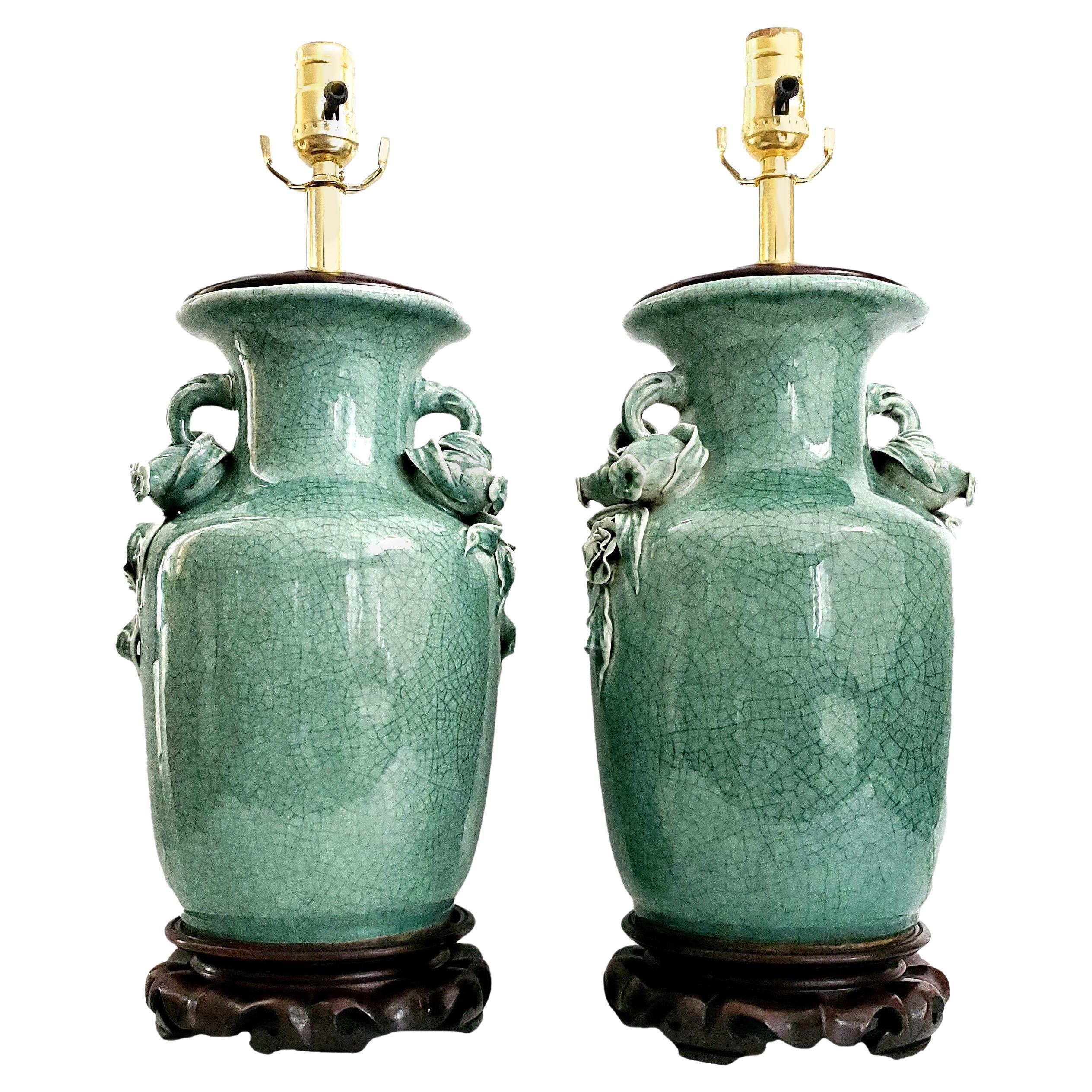 Pair Vintage Chinese Porcelain Green Crackled Table Lamps 3D Roses Pomegranates