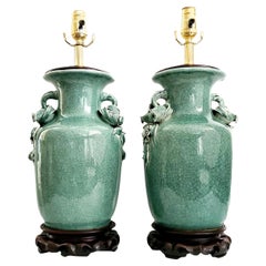 Coppia di lampade da tavolo d'epoca in porcellana cinese verde screpolata 3D Roses Pomegranates