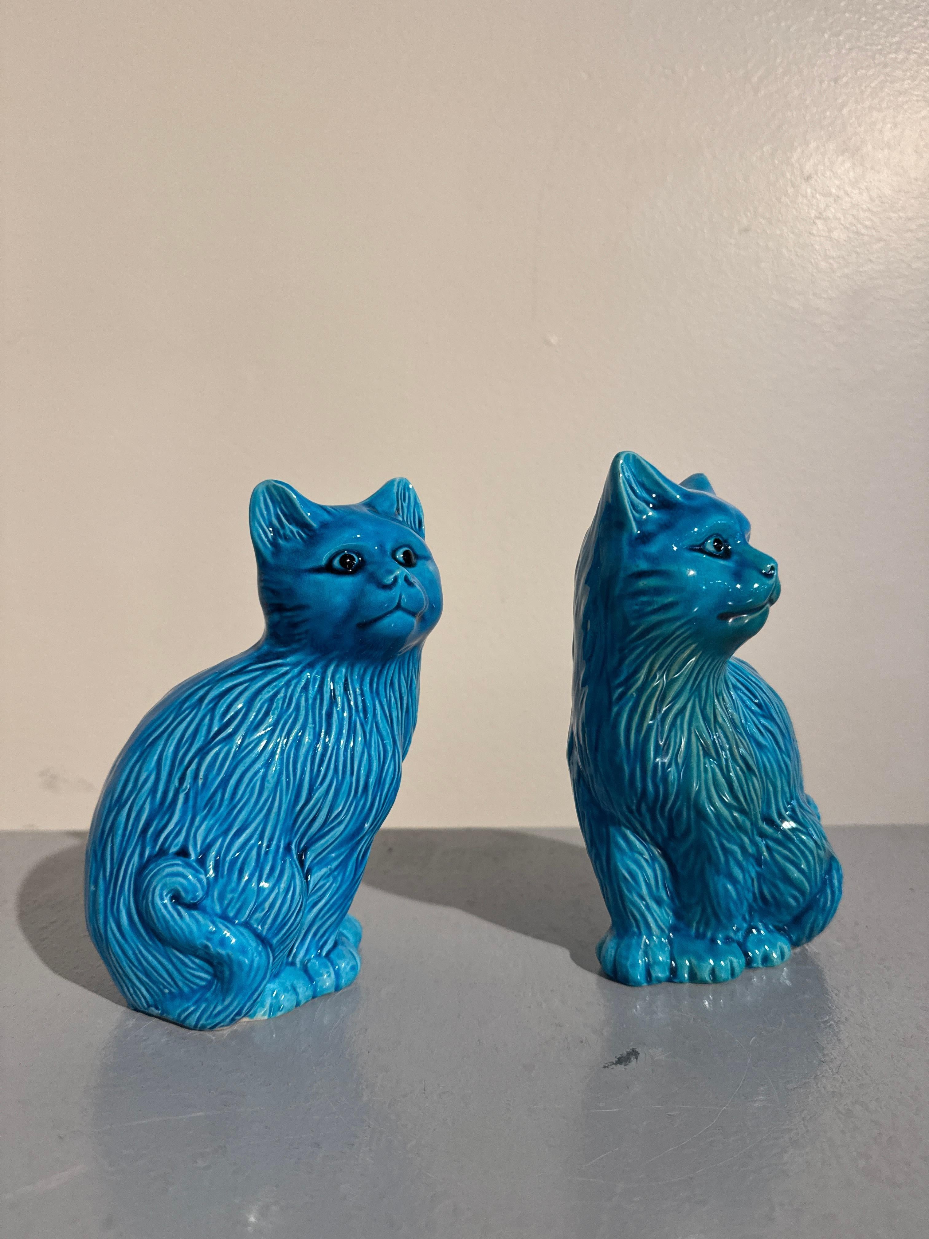 Pair Vintage Chinese Turquoise Glazed Cat Figures, Mid 20th Century, China In Good Condition In Austin, TX