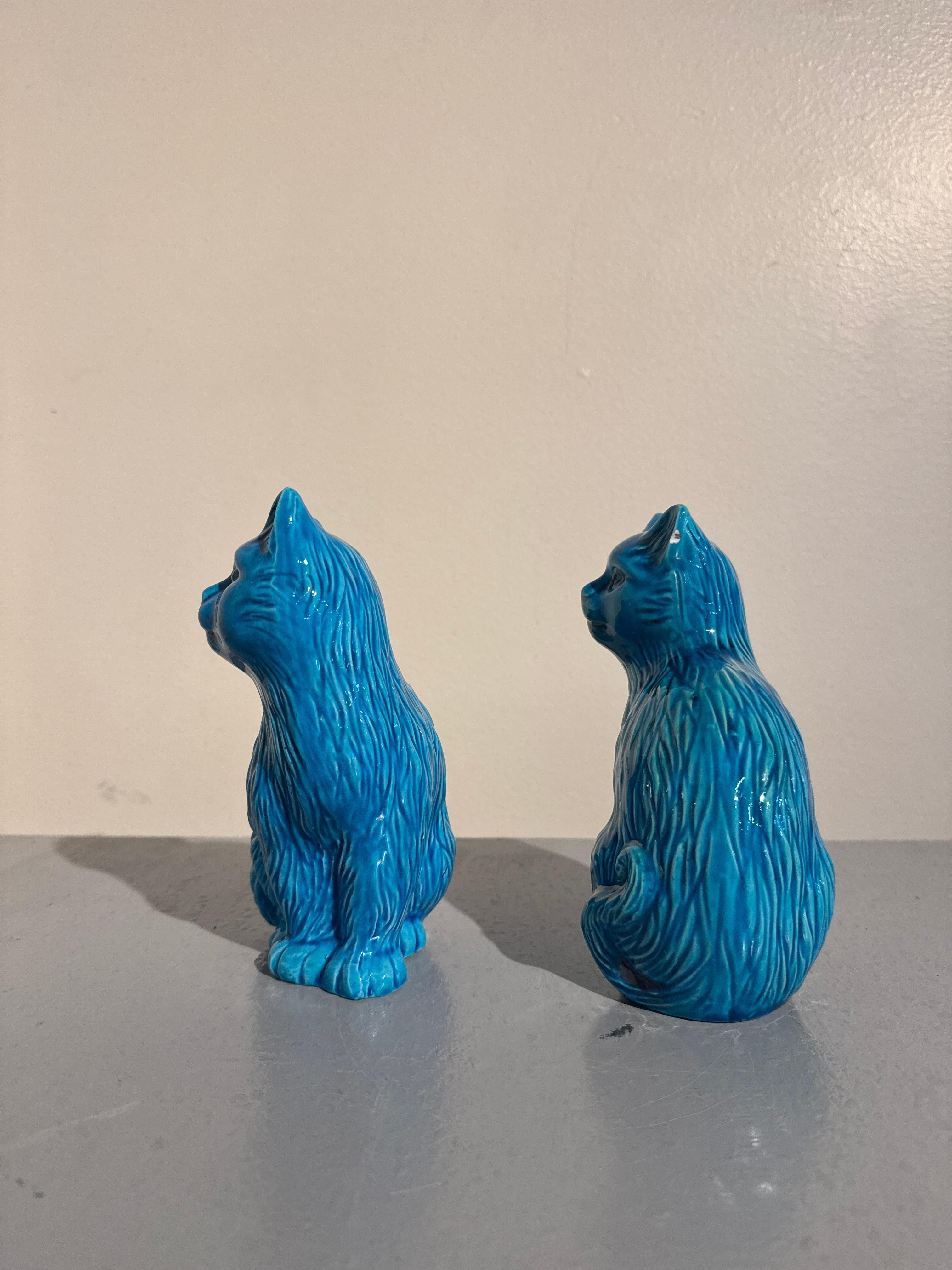 Pair Vintage Chinese Turquoise Glazed Cat Figures, Mid 20th Century, China 1