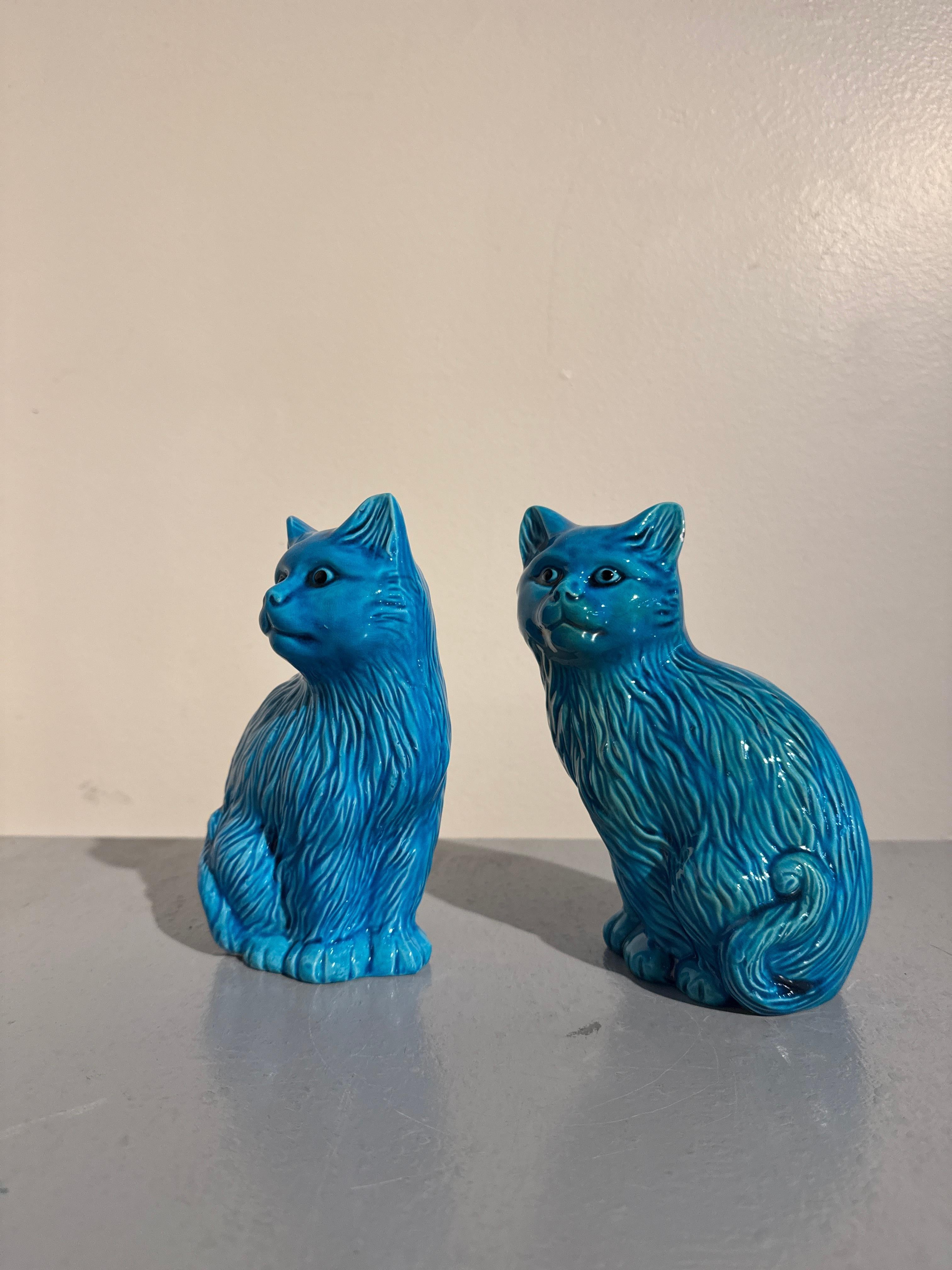 Pair Vintage Chinese Turquoise Glazed Cat Figures, Mid 20th Century, China 2