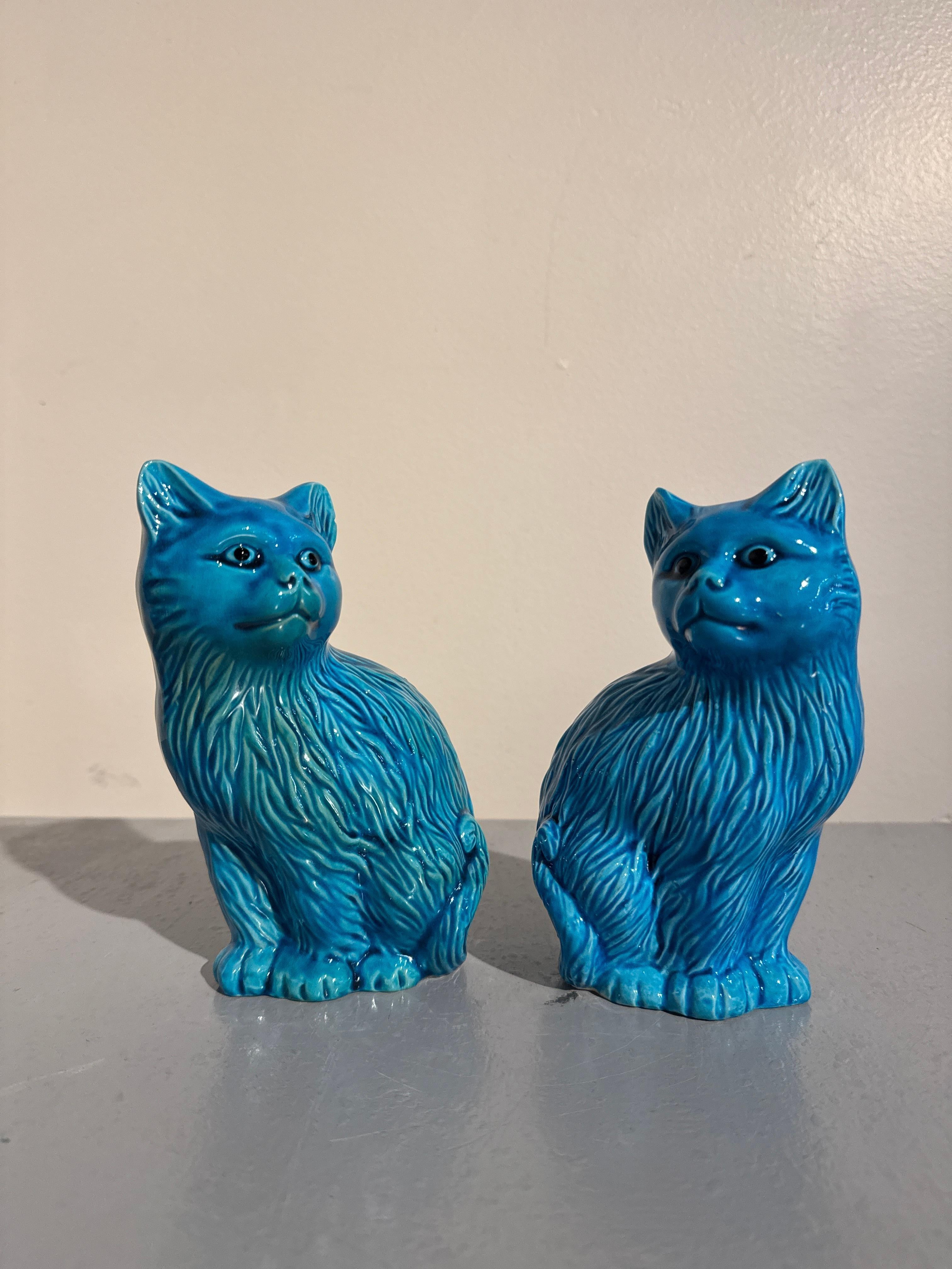 Pair Vintage Chinese Turquoise Glazed Cat Figures, Mid 20th Century, China 3