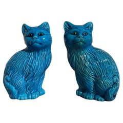 Pair Vintage Chinese Turquoise Glazed Cat Figures, Mid 20th Century, China