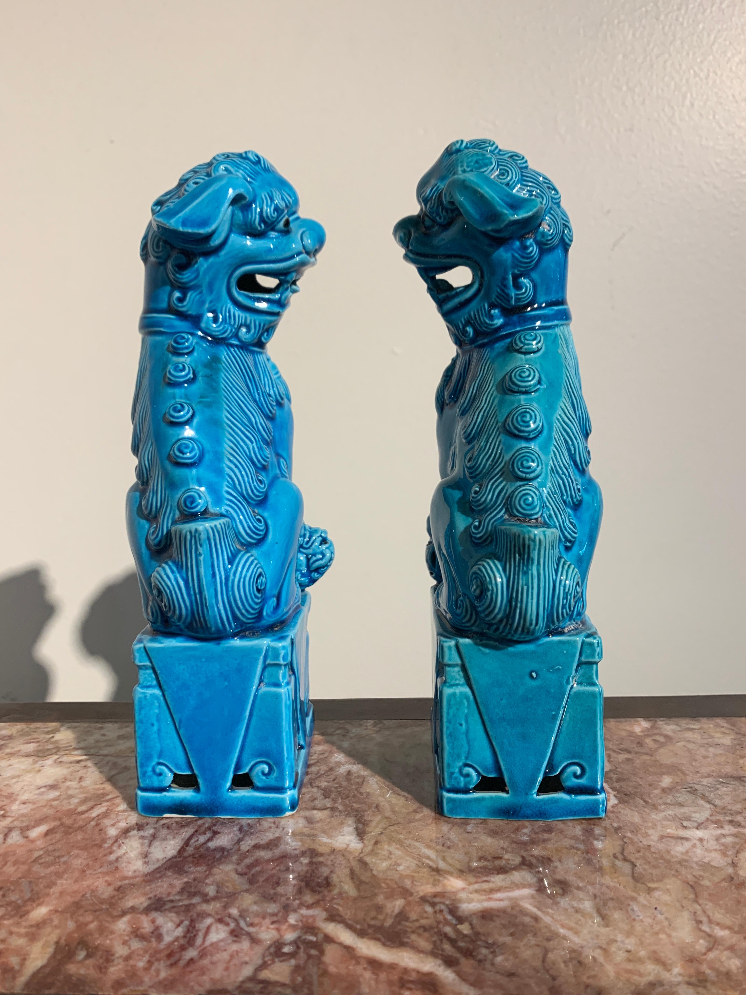 Qing Pair of Vintage Chinese Turquoise Glazed Foo Dogs, 1970s, Hong Kong
