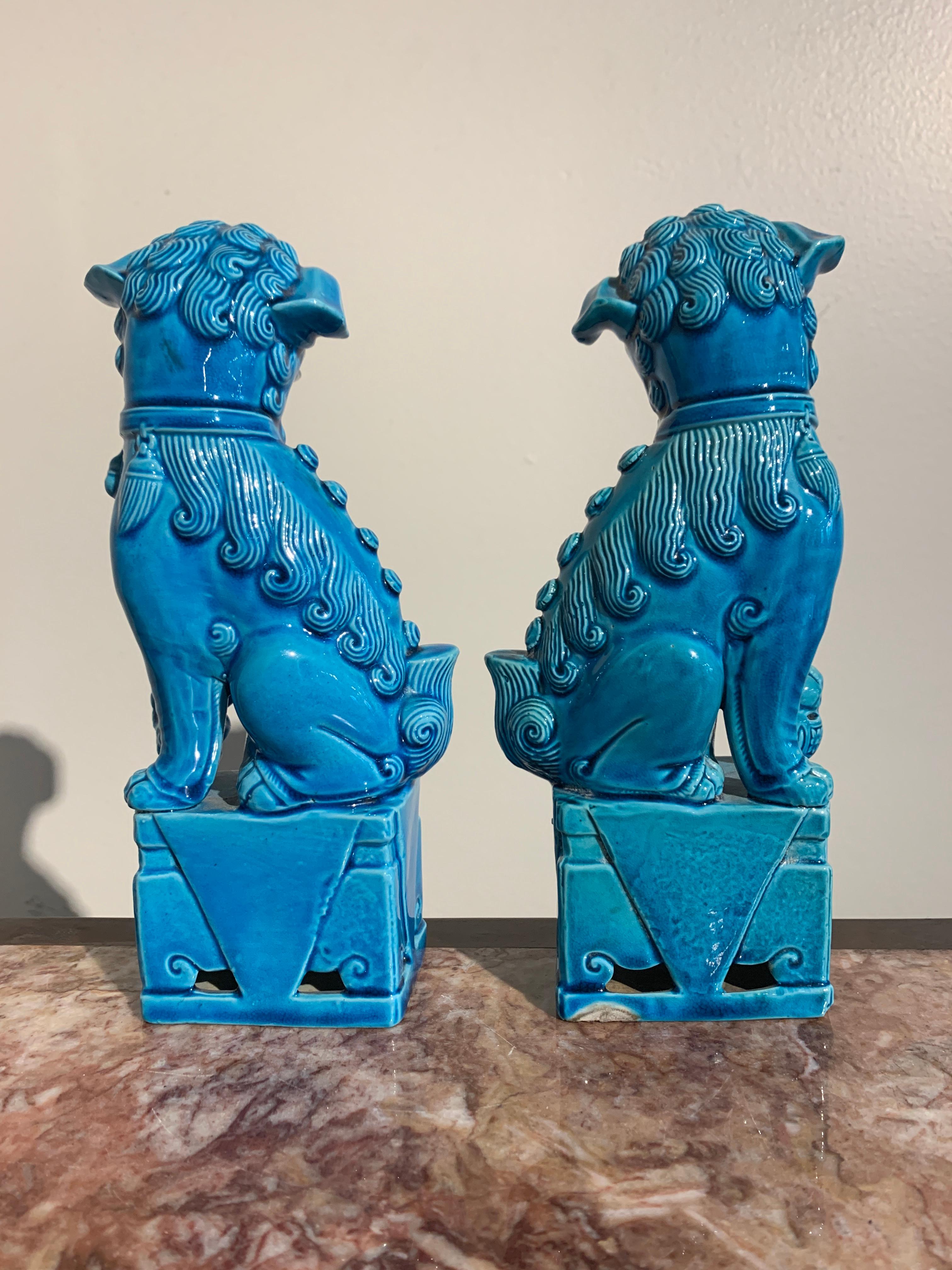 Pair of Vintage Chinese Turquoise Glazed Foo Dogs, 1970s, Hong Kong In Good Condition In Austin, TX