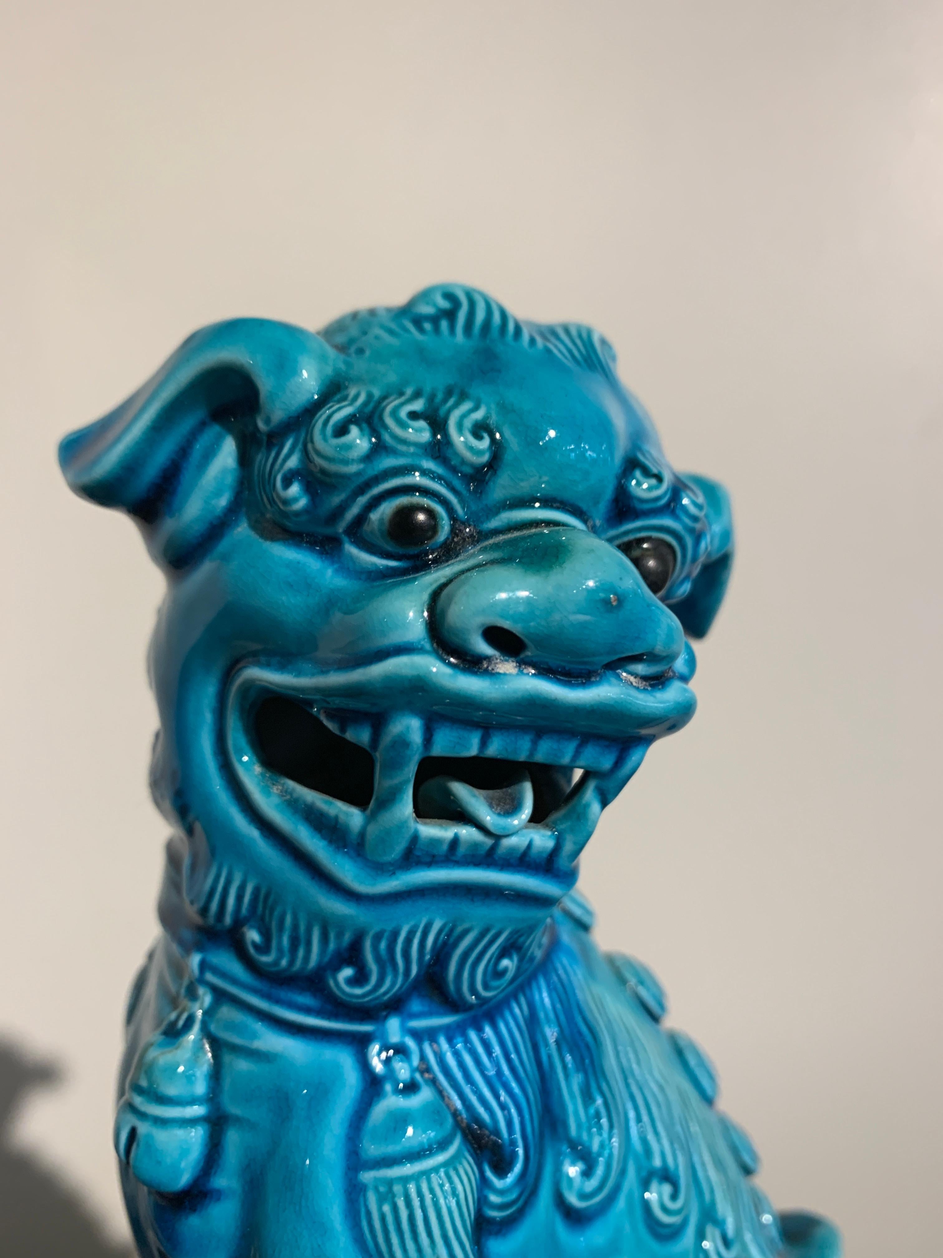 Pair of Vintage Chinese Turquoise Glazed Foo Dogs, 1970s, Hong Kong 1