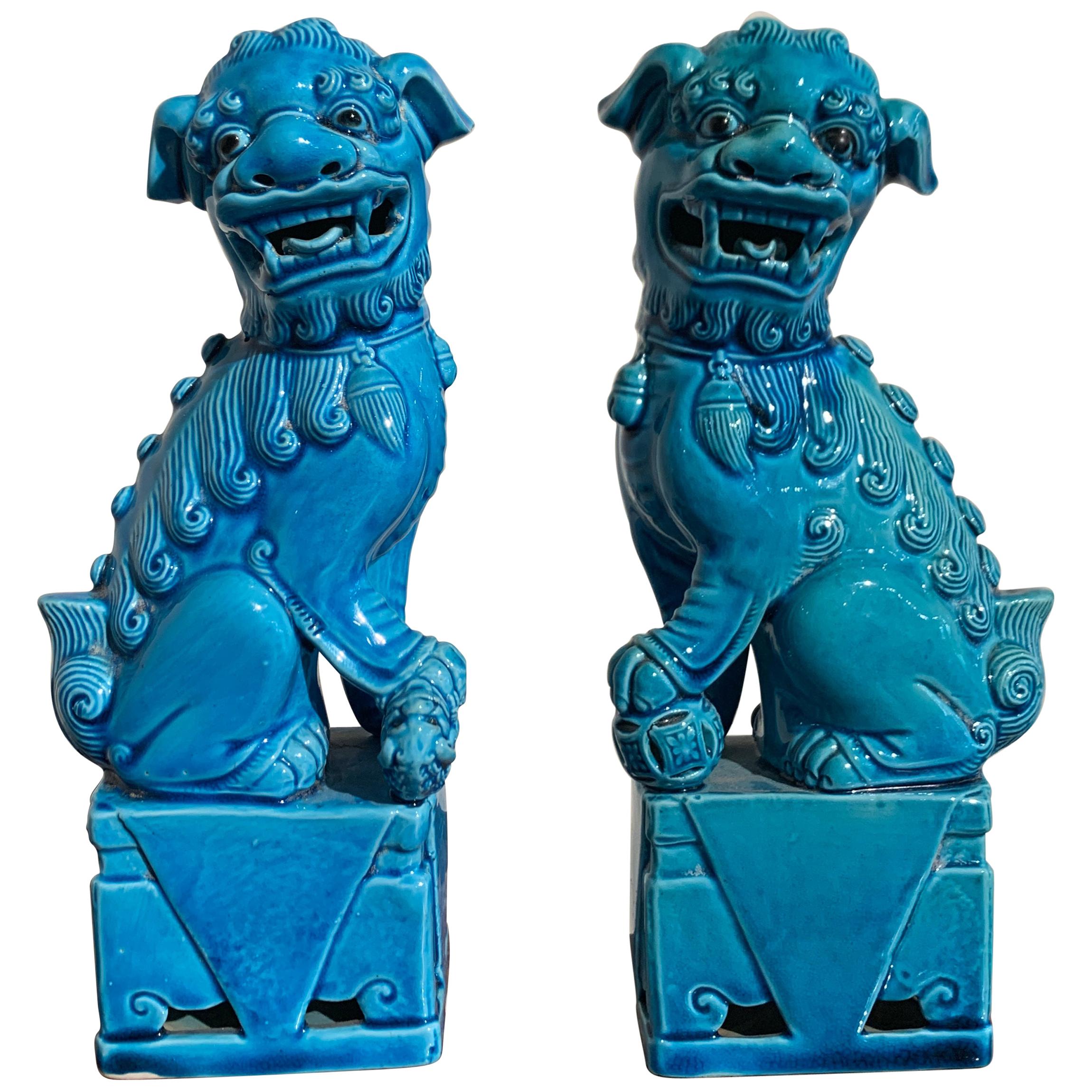 Pair of Vintage Chinese Turquoise Glazed Foo Dogs, 1970s, Hong Kong
